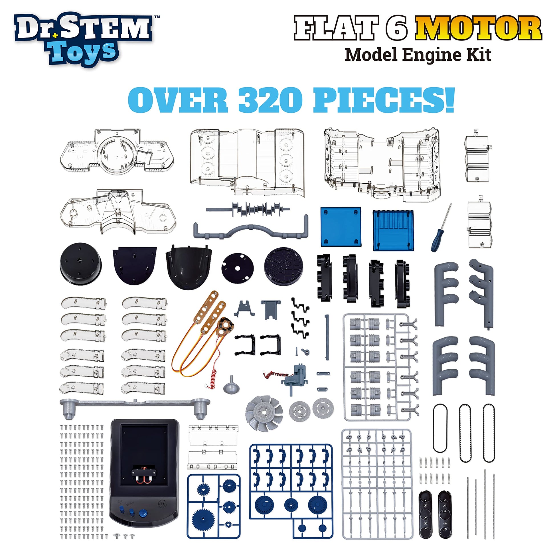 Dr. STEM Toys Model Engine Kit for Boys & Girls Ages 12+, Realistic Replica Flat 6 Motor Has Over 320 Parts, Real Motorized Action, LED Lights & Sound