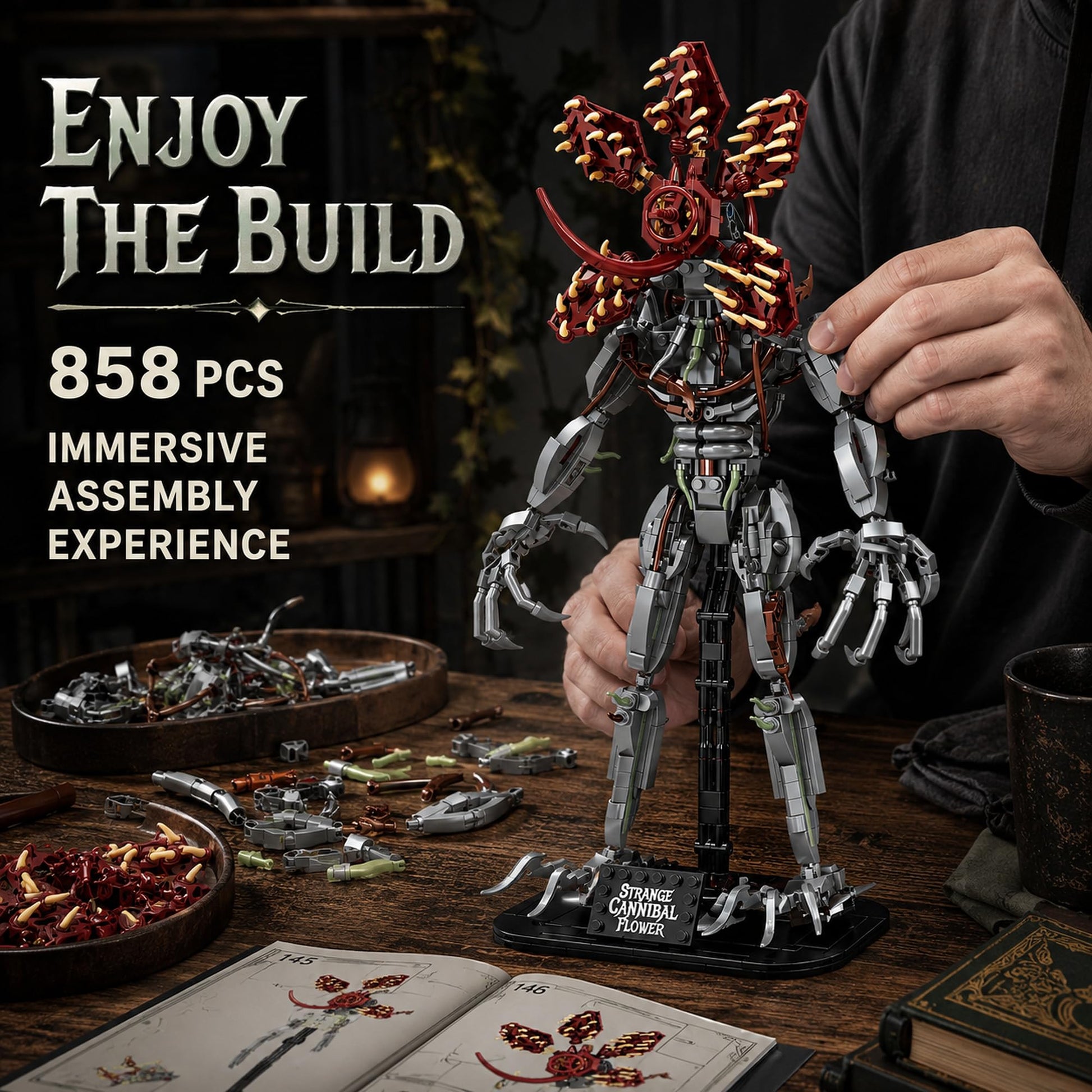 LQPFBSM 2-in-1 Strange Cannibal Flower Building Block Set 858 Pcs Botanical Monster Action Figure for Adults & Teens Sci-Fi Horror Creature Model Kit