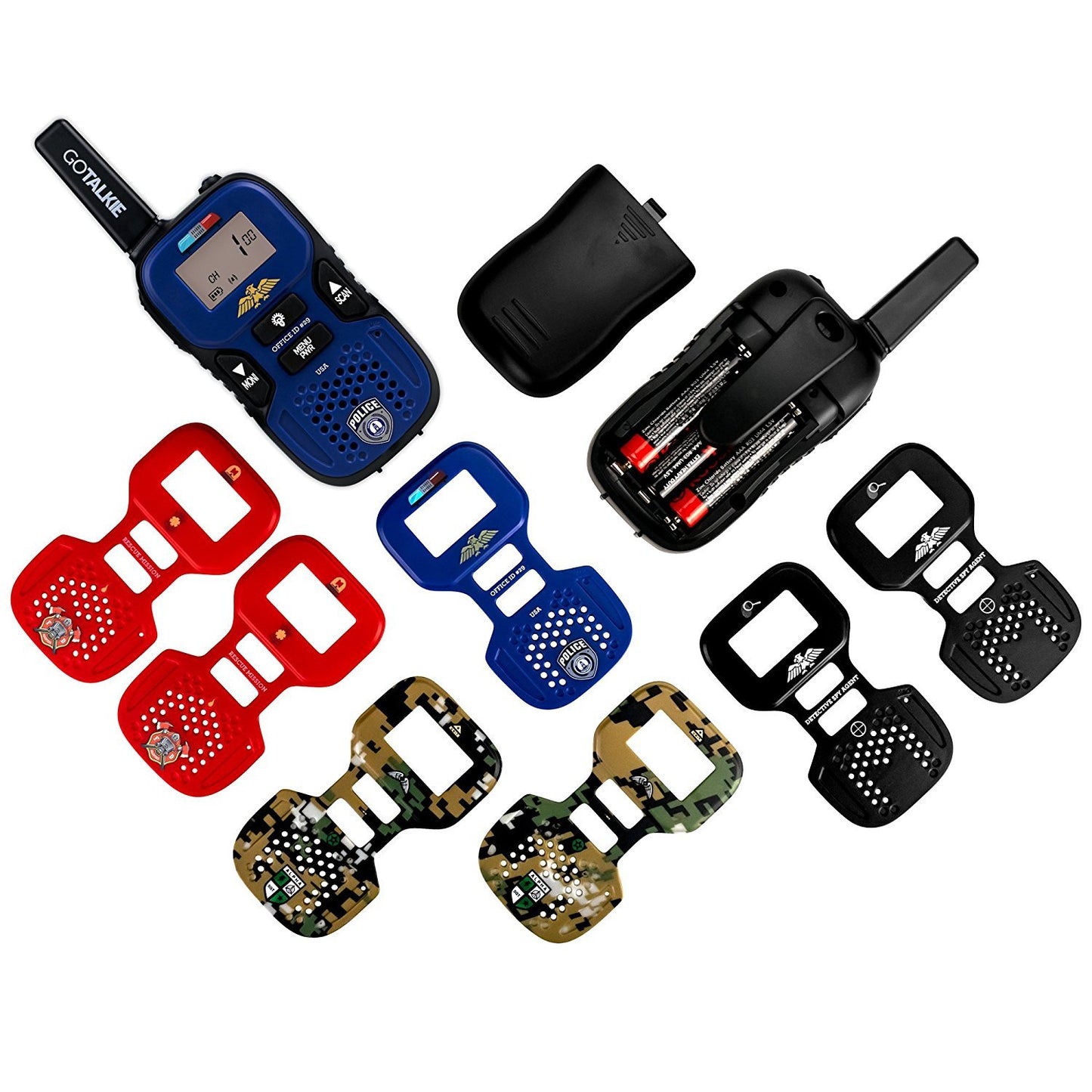Walkie Talkies for Kids - Set of 2 Long-Range 22 Channel Portable Radios w/Built-in Flashlight, LCD Screen & 8 Interchangeable Theme Plates - Play