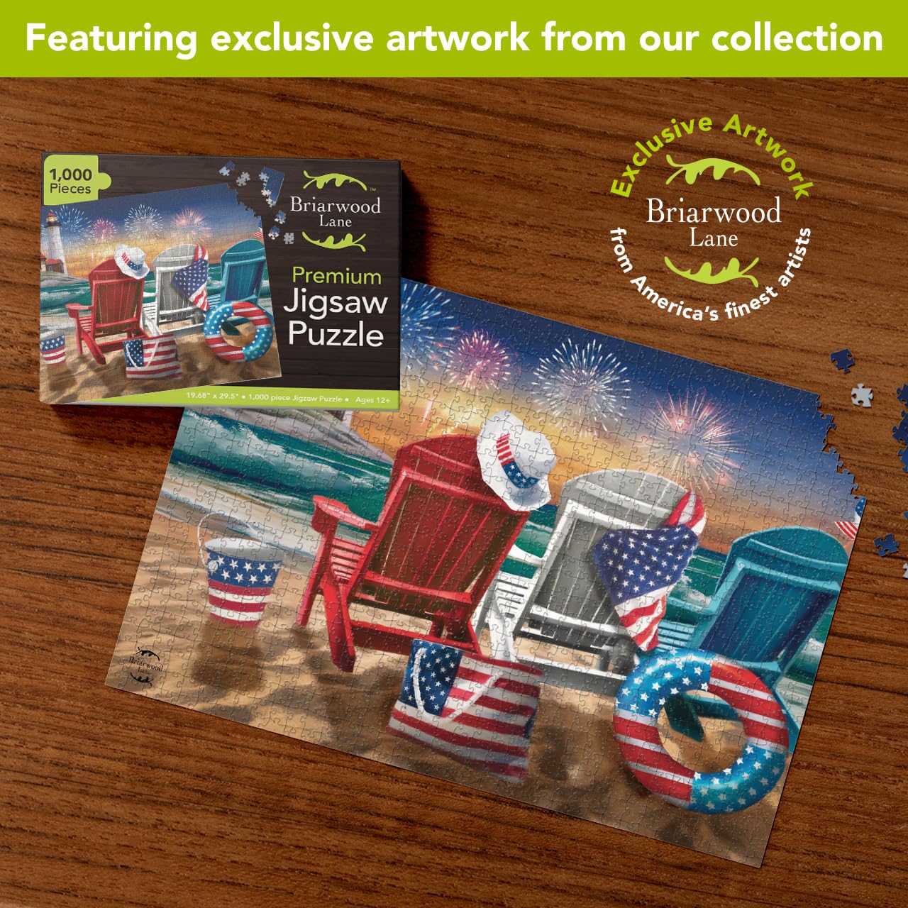Briarwood Lane 4th of July Jigsaw Puzzle 1000 Pieces Adult Finished Size 29.5x19.68 Beachfront Fireworks Summer Puzzle for Game Night
