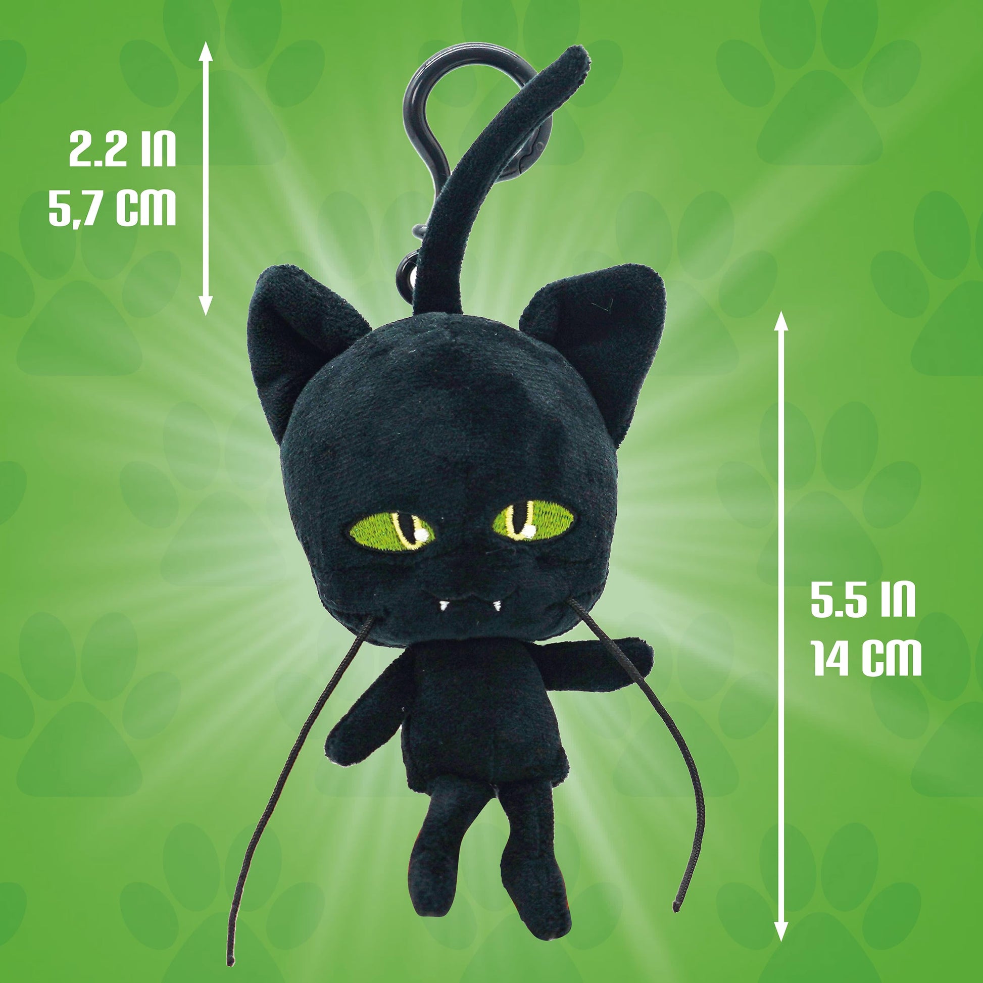 Miraculous Ladybug - Kwami Lifesize Plagg, 5-inch Cat Plush Clip-on Toys for Kids, Super Soft Collectible Stuffed Toy with Glitter Stitch Eyes