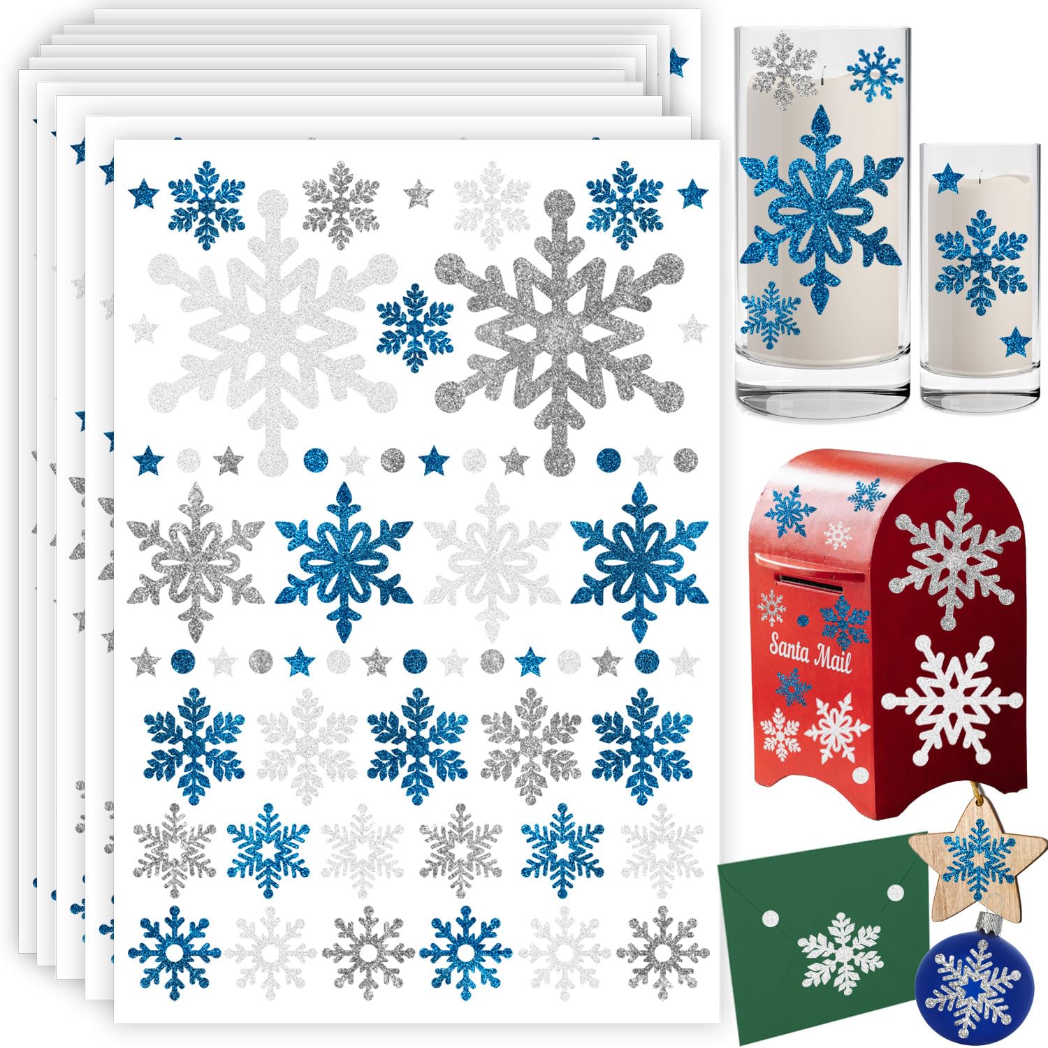 Snowflake Stickers Large Real Glitter for Christmas Envelopes and Crafts - Blue, White, Silver - Happy Holiday Cards