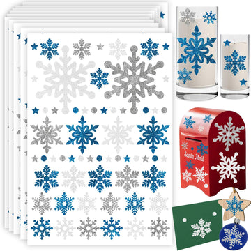 Snowflake Stickers Large Real Glitter for Christmas Envelopes and Crafts - Blue, White, Silver - Happy Holiday Cards