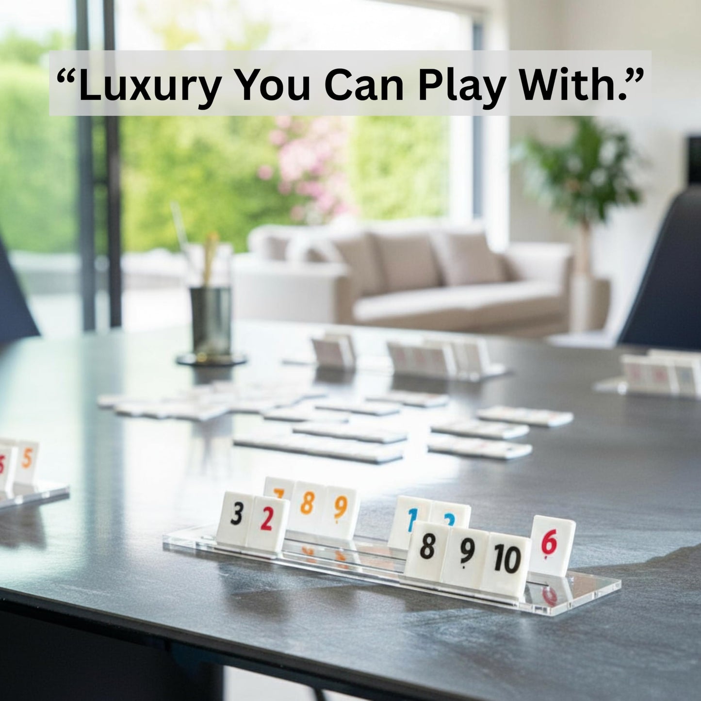 Luxe & Legend (White Cover) Rummy Tile Game Set - Engraved Bright White Tiles, Acrylic Lucite Racks & Storage Box with Premium Gift Box, Modern Luxury