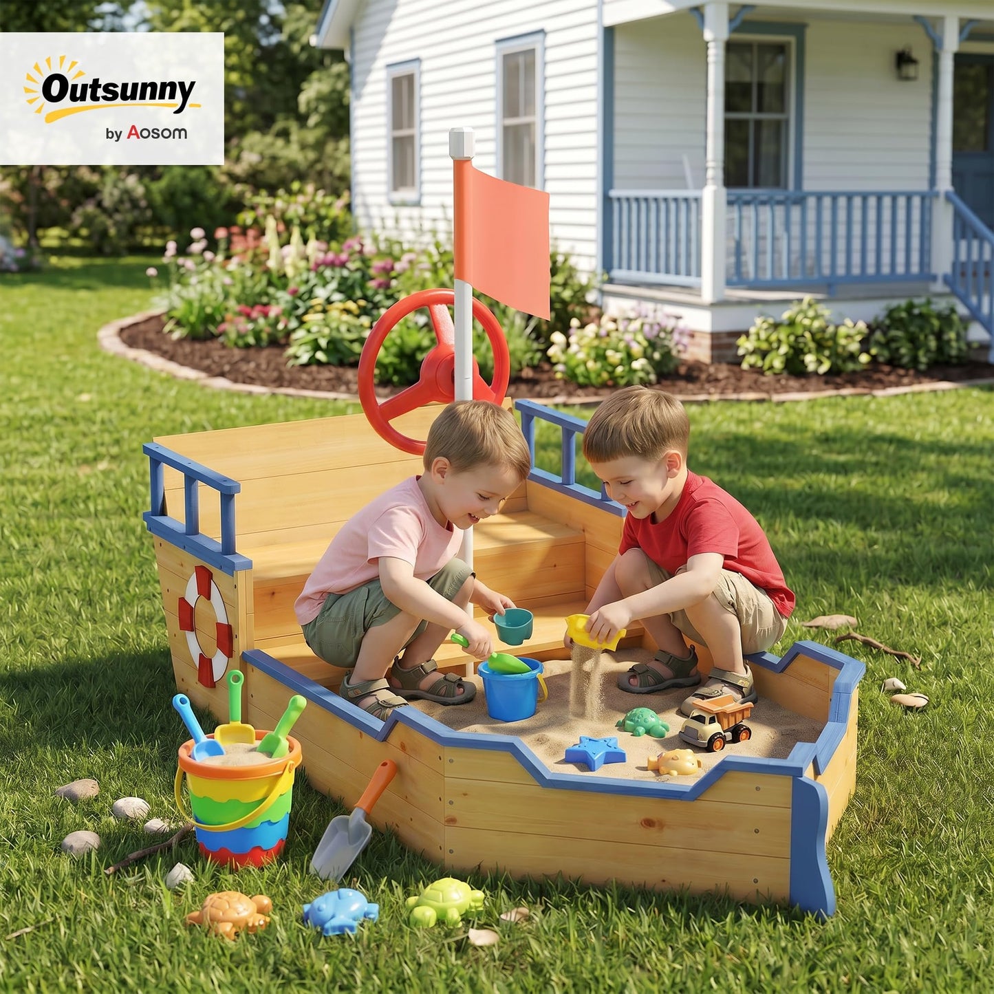 Outsunny Wooden Kids Sandbox Ship-Shape Outdoor Sandboat Natural Wood