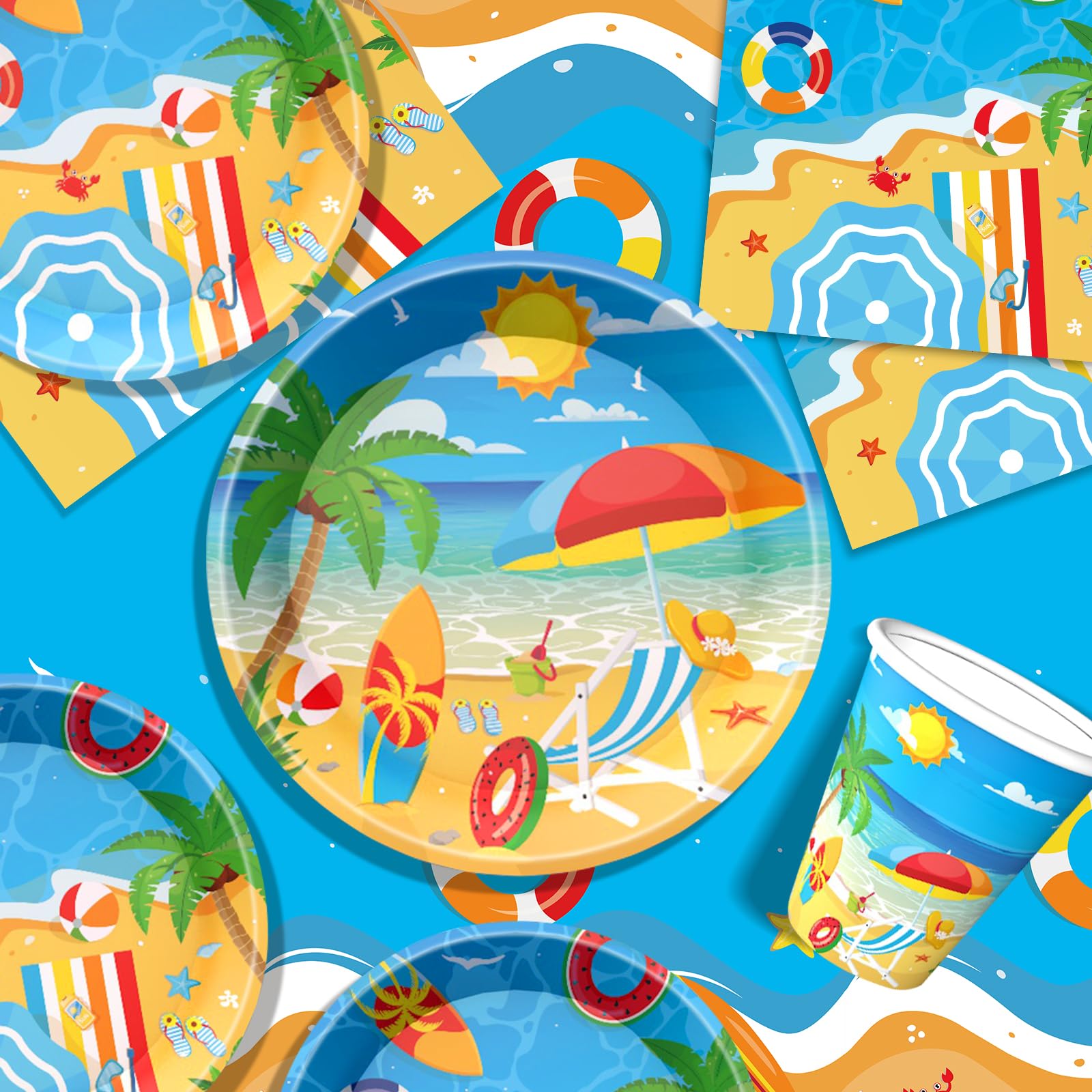 Beach Party Decorations Set Includes Plates, Napkins, Cups and Tablecloth for Beach Themed Party Decorations, Serve 24