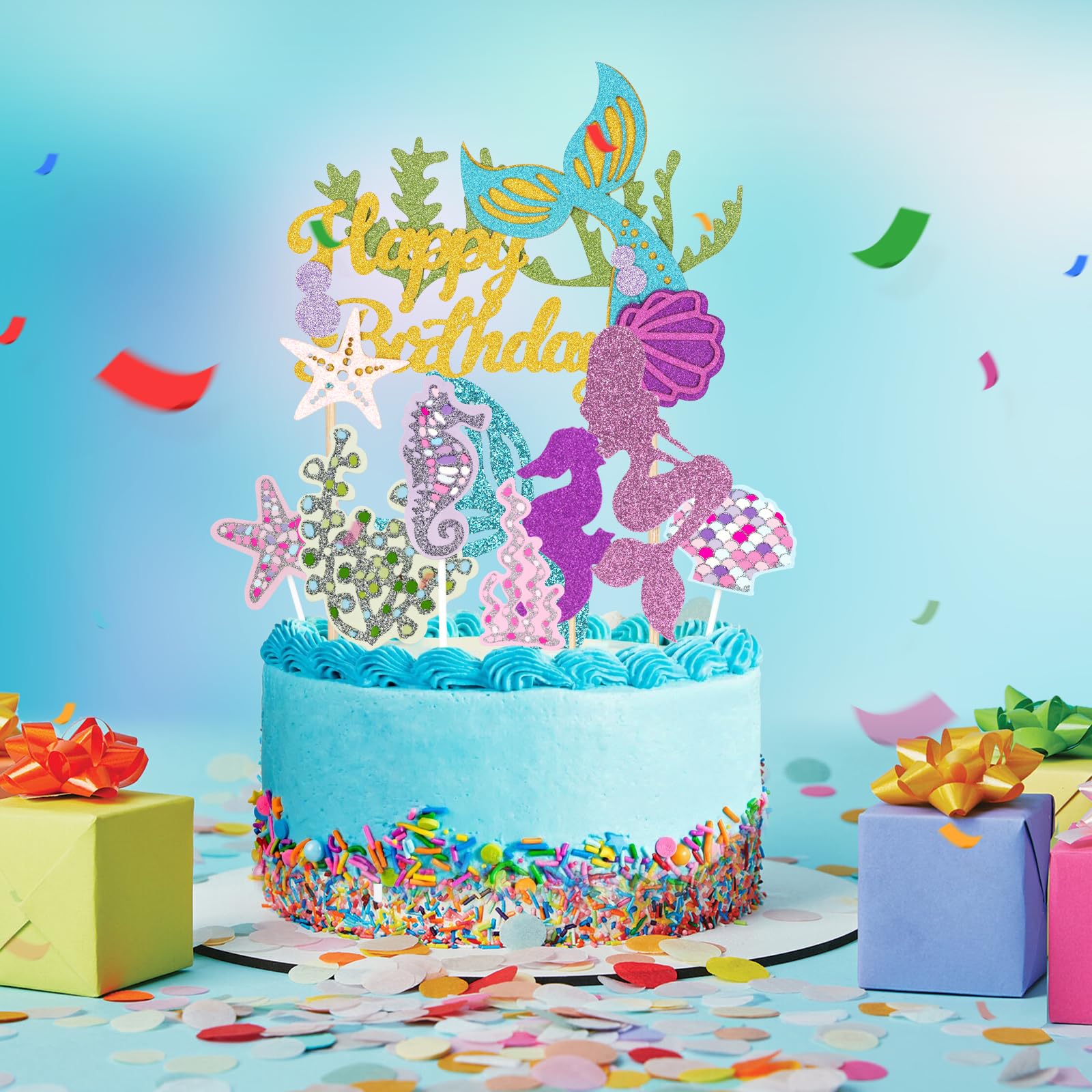 36Pcs Mermaid Cupcake Toppers for Sea Ocean Birthday Theme Party Supplies
