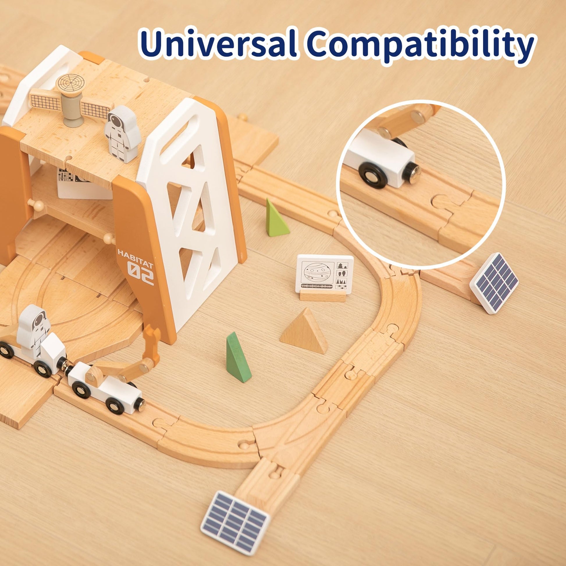 EverEarth Wooden Train Set Space Toys, Wood Train Track Set 39pcs, Mars Explore Base Train Space Station with Rocket and Astronaut for Kids 36m+, FSC