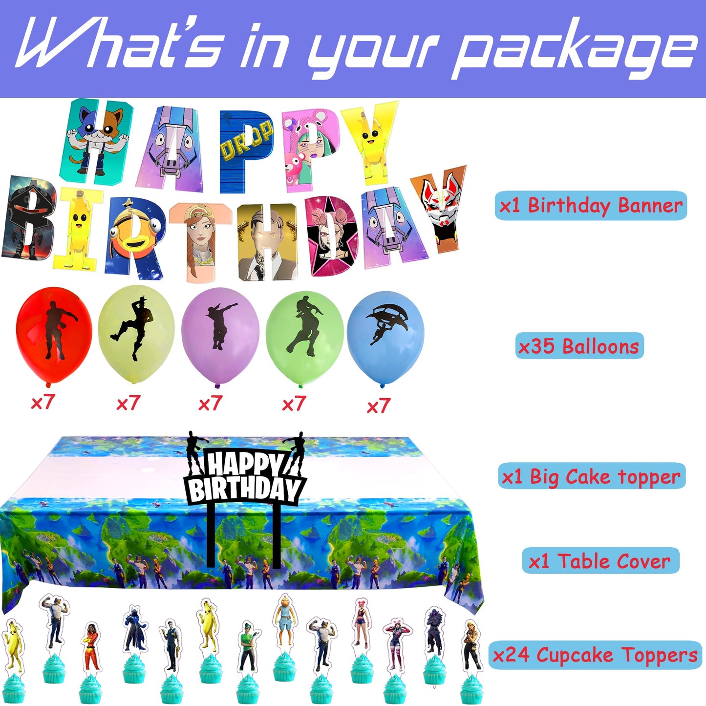 Gaming Birthday Decoration Supplies, Video Game Banner, Tablecloth, Balloons, Toppers