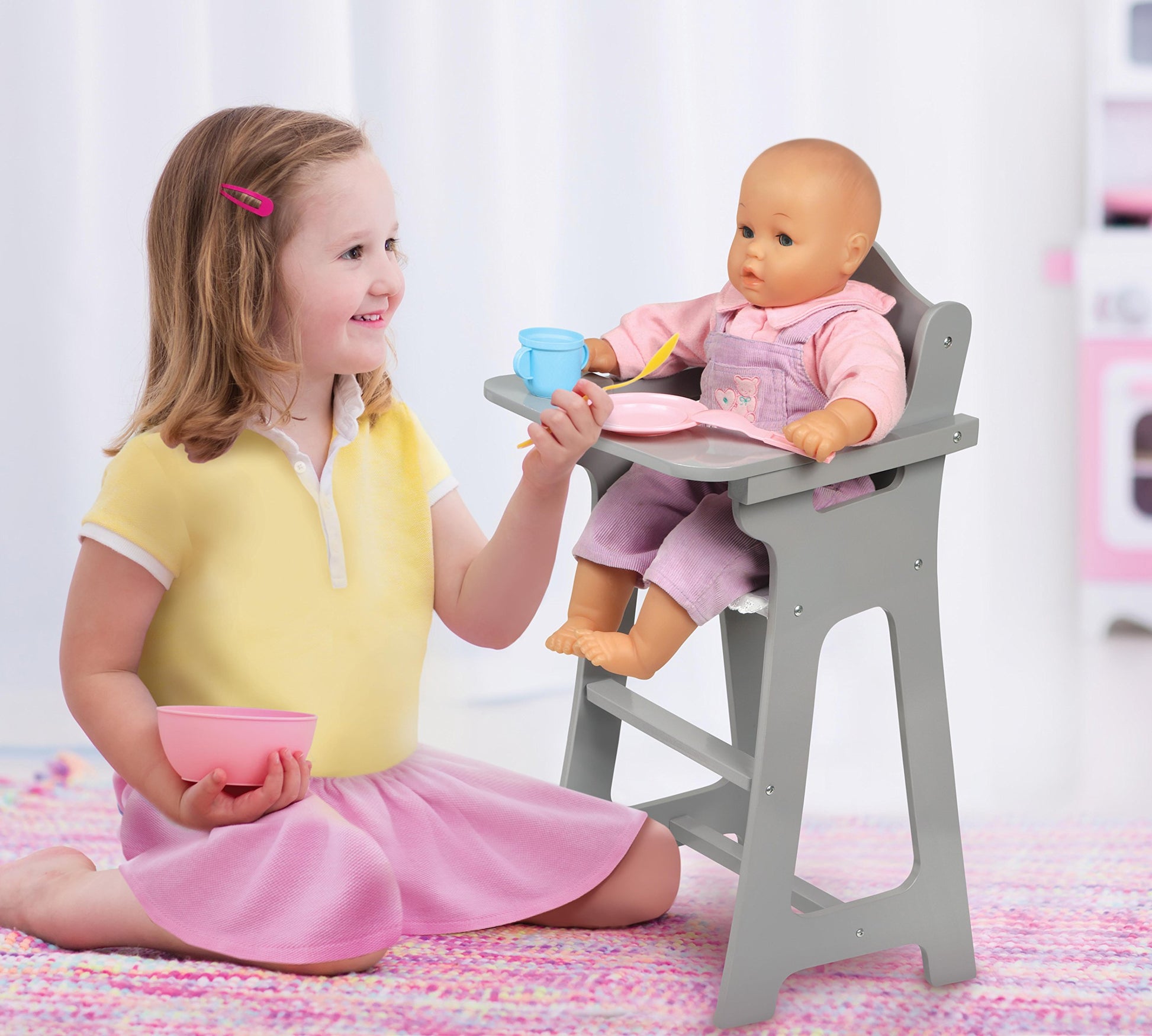 Badger Basket Executive Doll High Chair - Wooden Toy Chair with Liftable Tray, Fabric Seat Trim, and Realistic Design - Fits 18 Inch Dolls and More