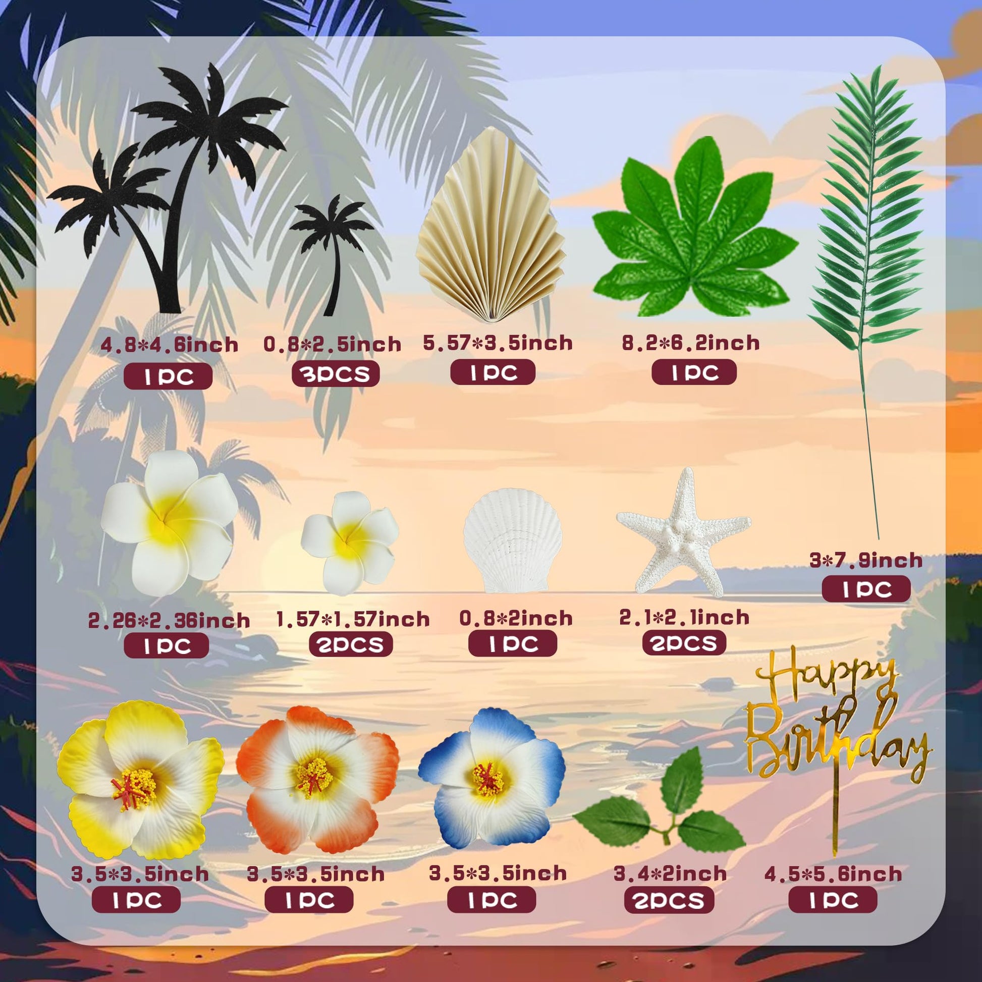 Summer Beach Cake Topper with Flowers Palm Leaves Starfish for Swimming Beach Luau Birthday Supplies (Style 1)
