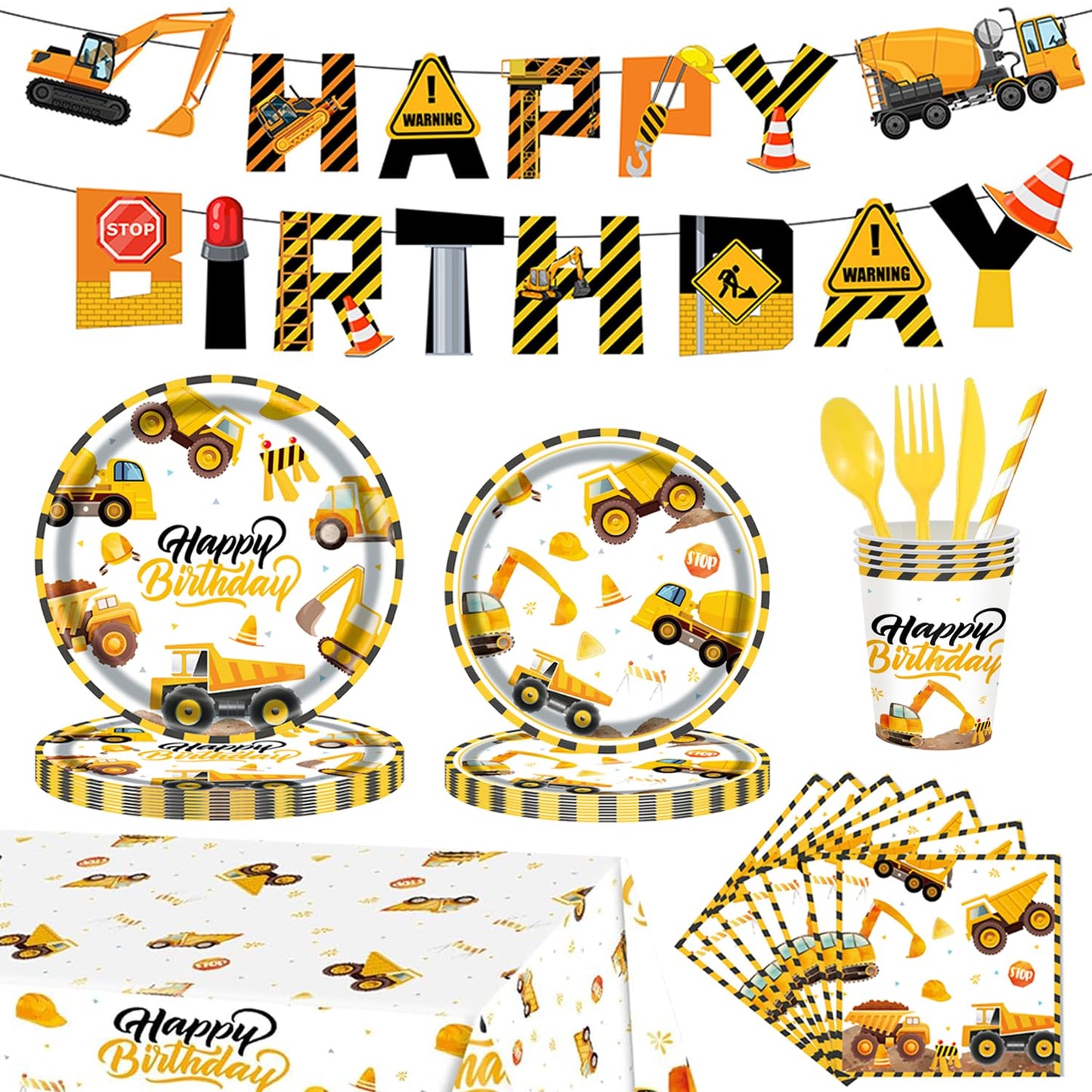 194Pcs Construction Plates Birthday Party Supplies Decorations Serve 24 | Includes Napkins Cups Tablecloth and Banner | Boys Construction Themed