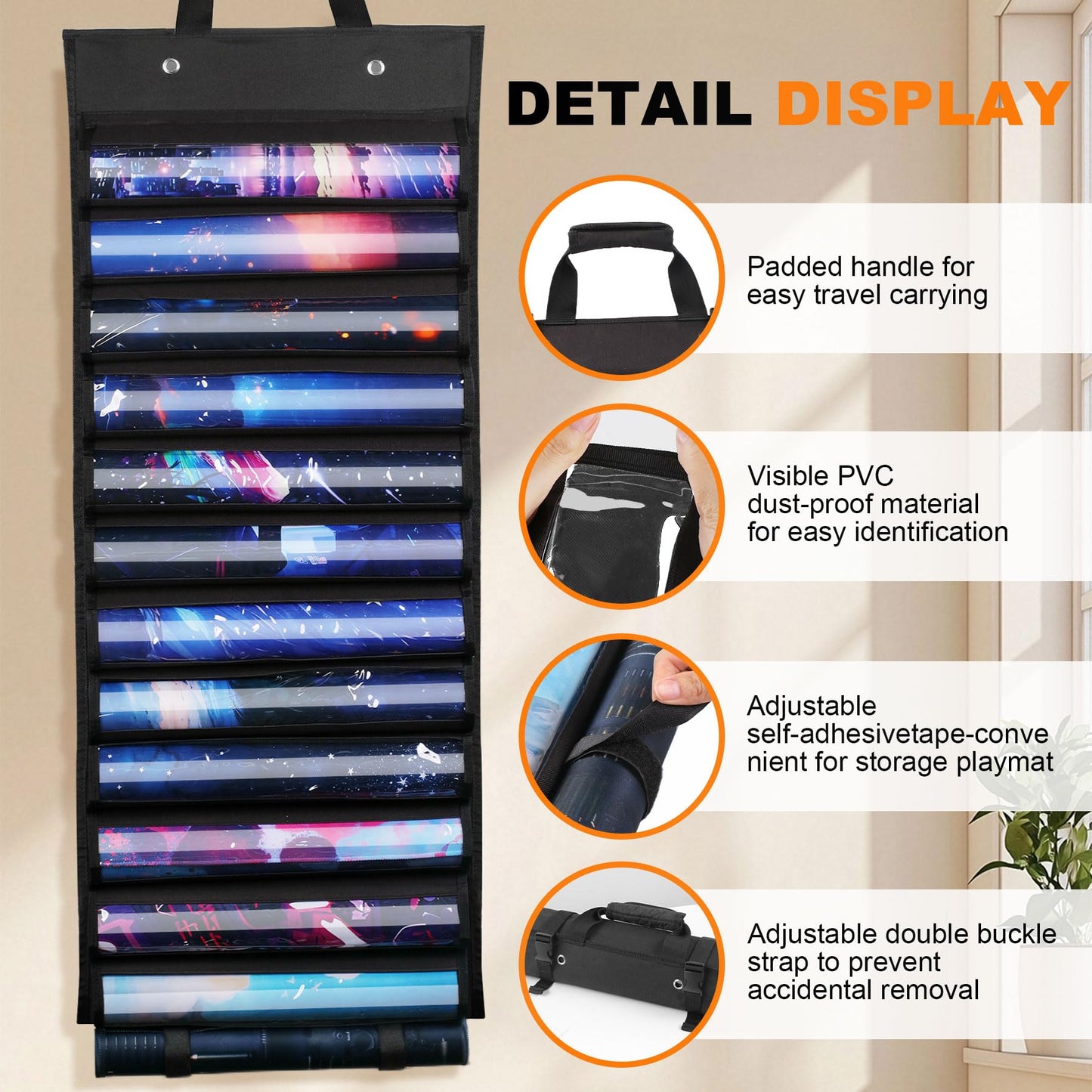 Playmat Holder, Playmat Tube Storage Bag for MTG, Fits 12+1 Card Game Playmats with Transparent Plastic Slots, Portable Organizer Rack for TCG/RPG Mat