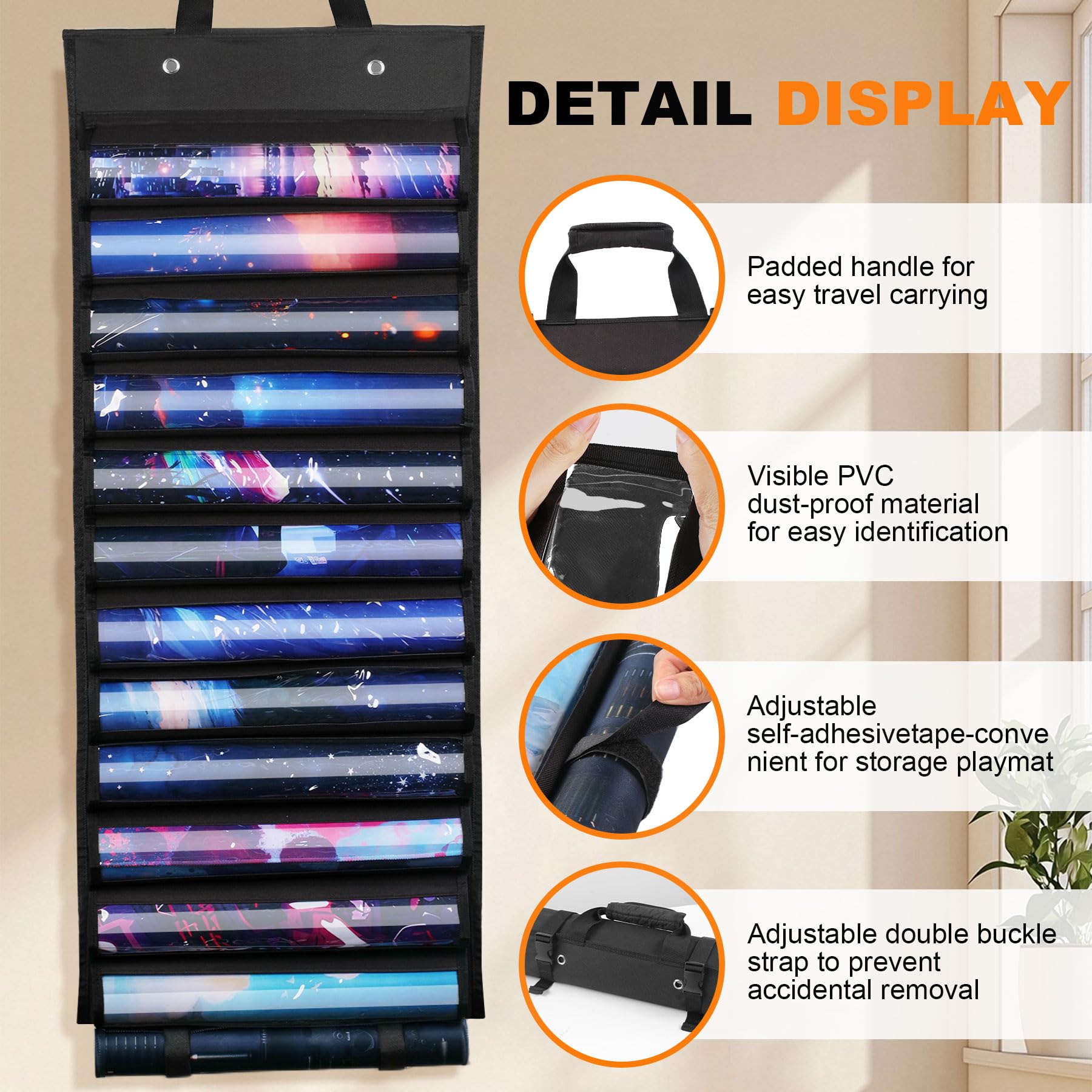 Playmat Holder, Playmat Tube Storage Bag for MTG, Fits 12+1 Card Game Playmats with Transparent Plastic Slots, Portable Organizer Rack for TCG/RPG Mat