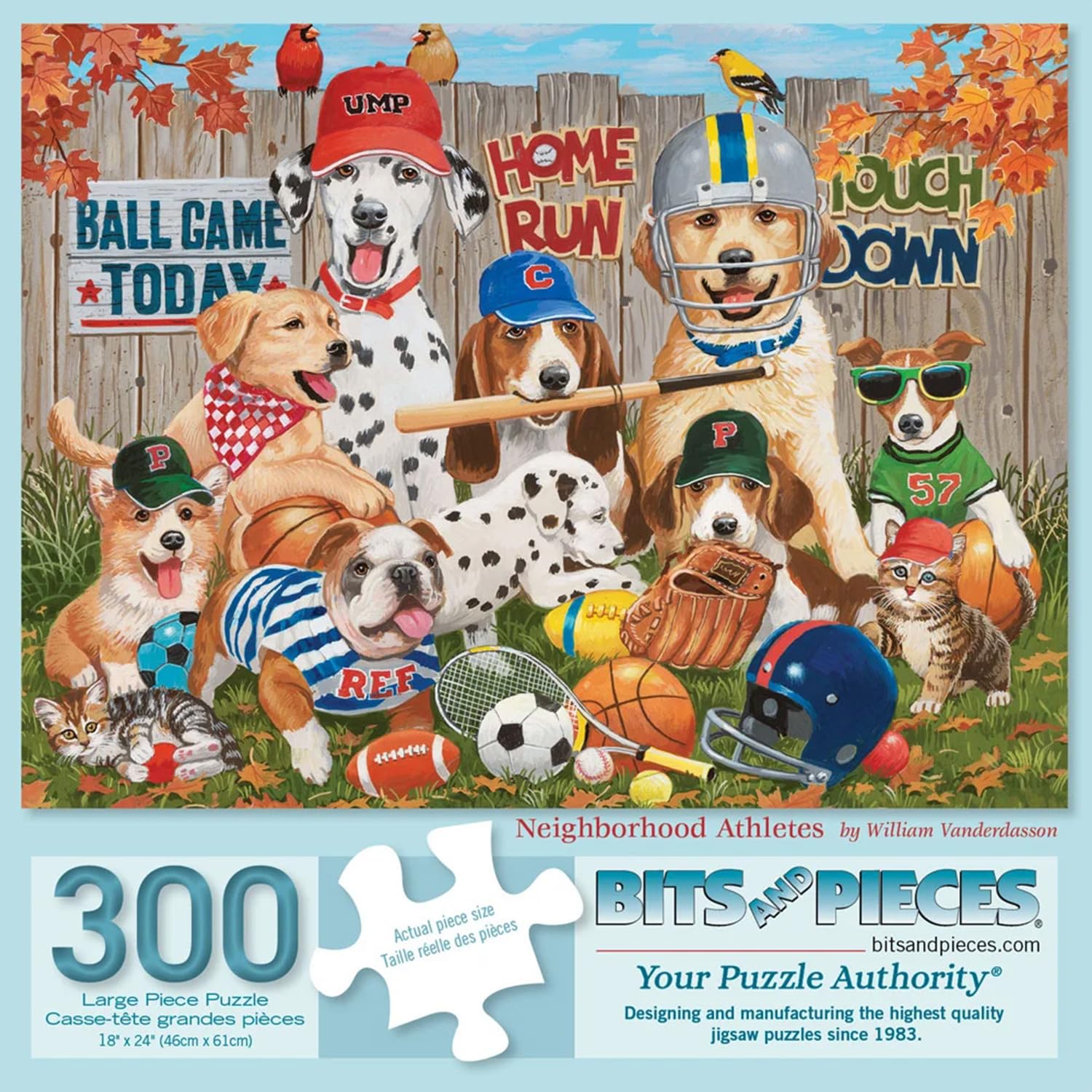 Bits and Pieces 300 Piece Puzzles for Adults - Neighborhood Athletes - 300 Large Pieces 18" x 24" Jigsaw Puzzles, Sports Dogs Football Baseball, No 2