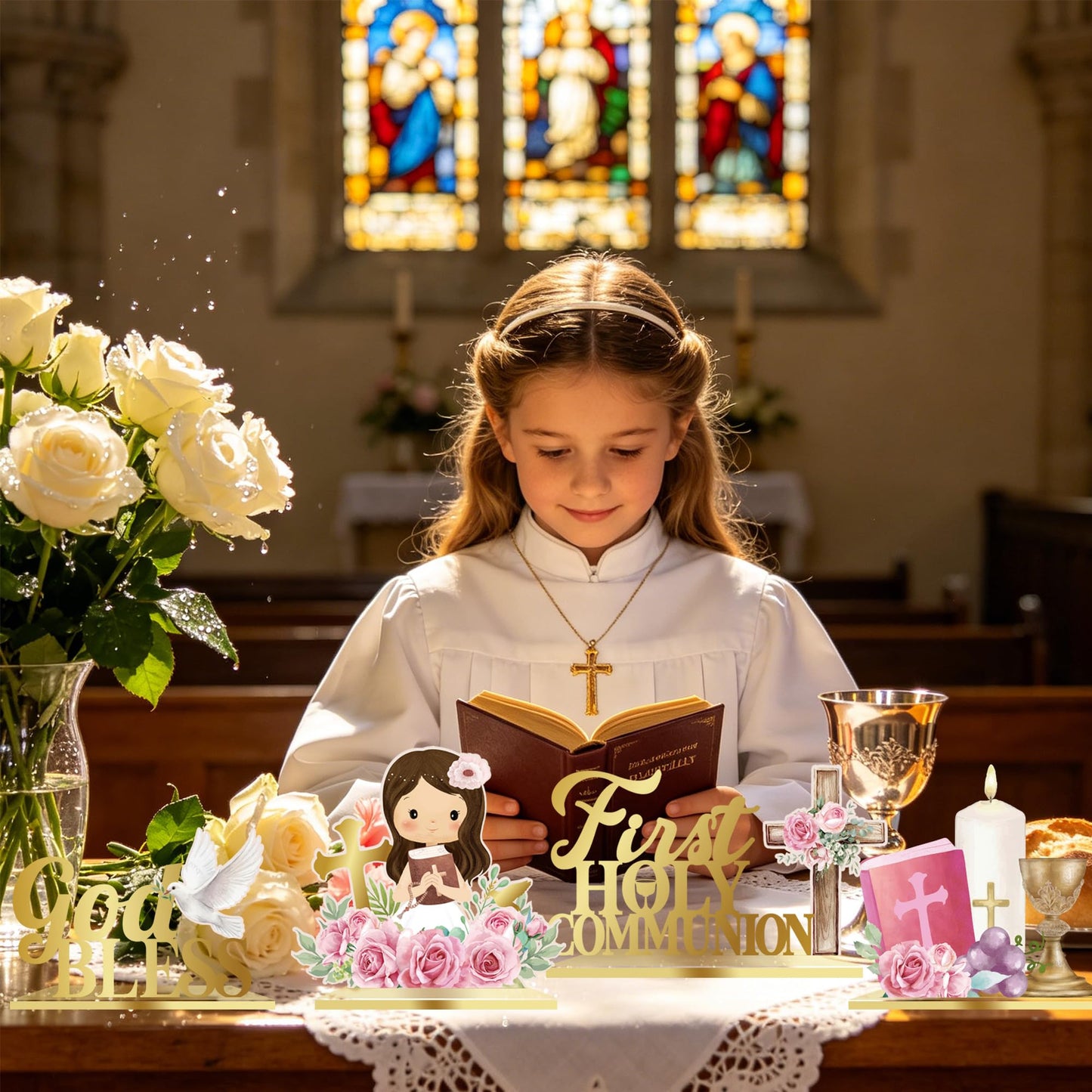 First Communion Table Decorations Pink Floral Baptism Centerpieces for Tables Baptism Decorations for Girl 1st Holy Communion Décor