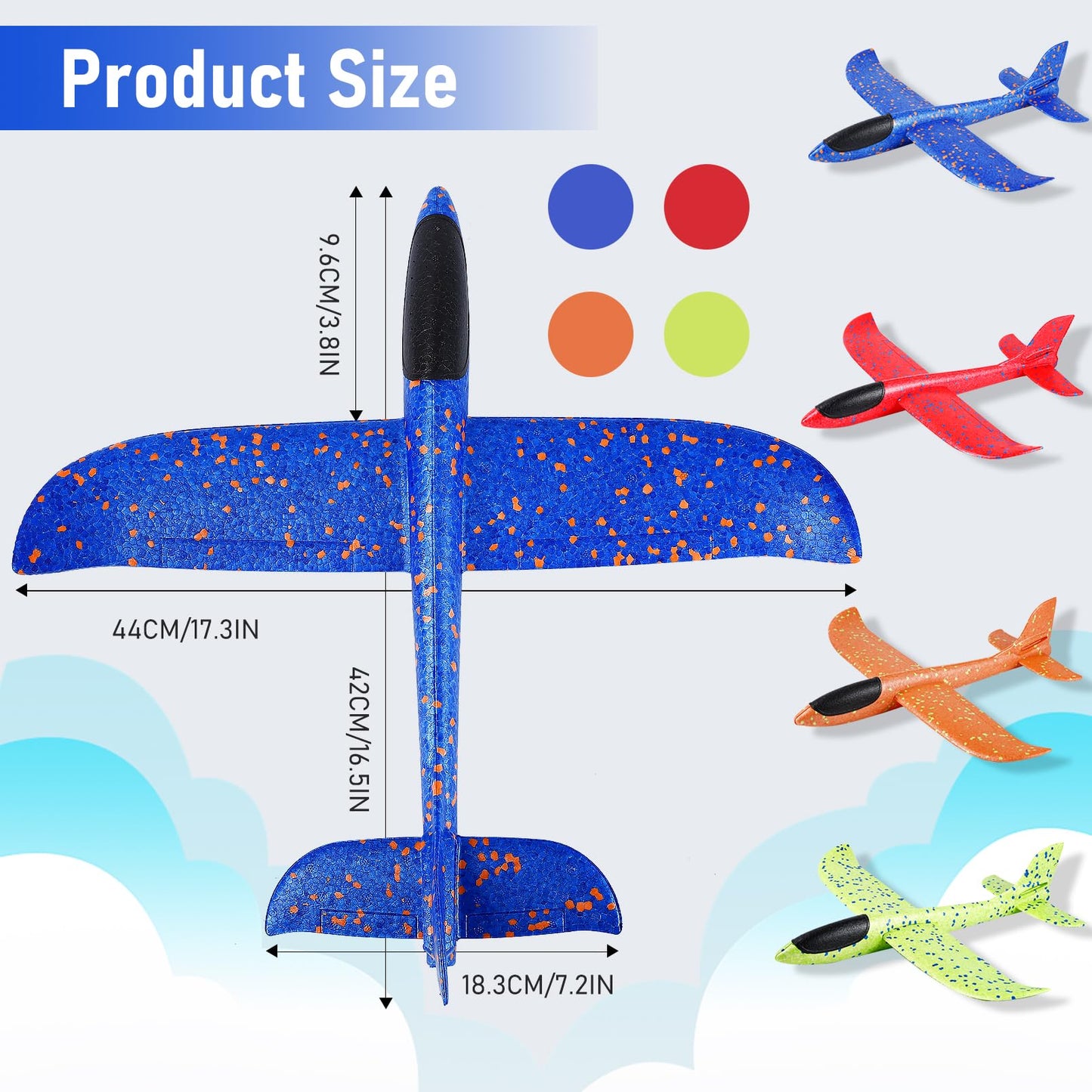 Jeffbaubl 4 Pack Foam Airplanes, 17.5 inch Airplane Toys, Large Throwing Foam Plane, 2 Flight Mode Glider Plane Flying Toy for Kids 3-7 Year Olds