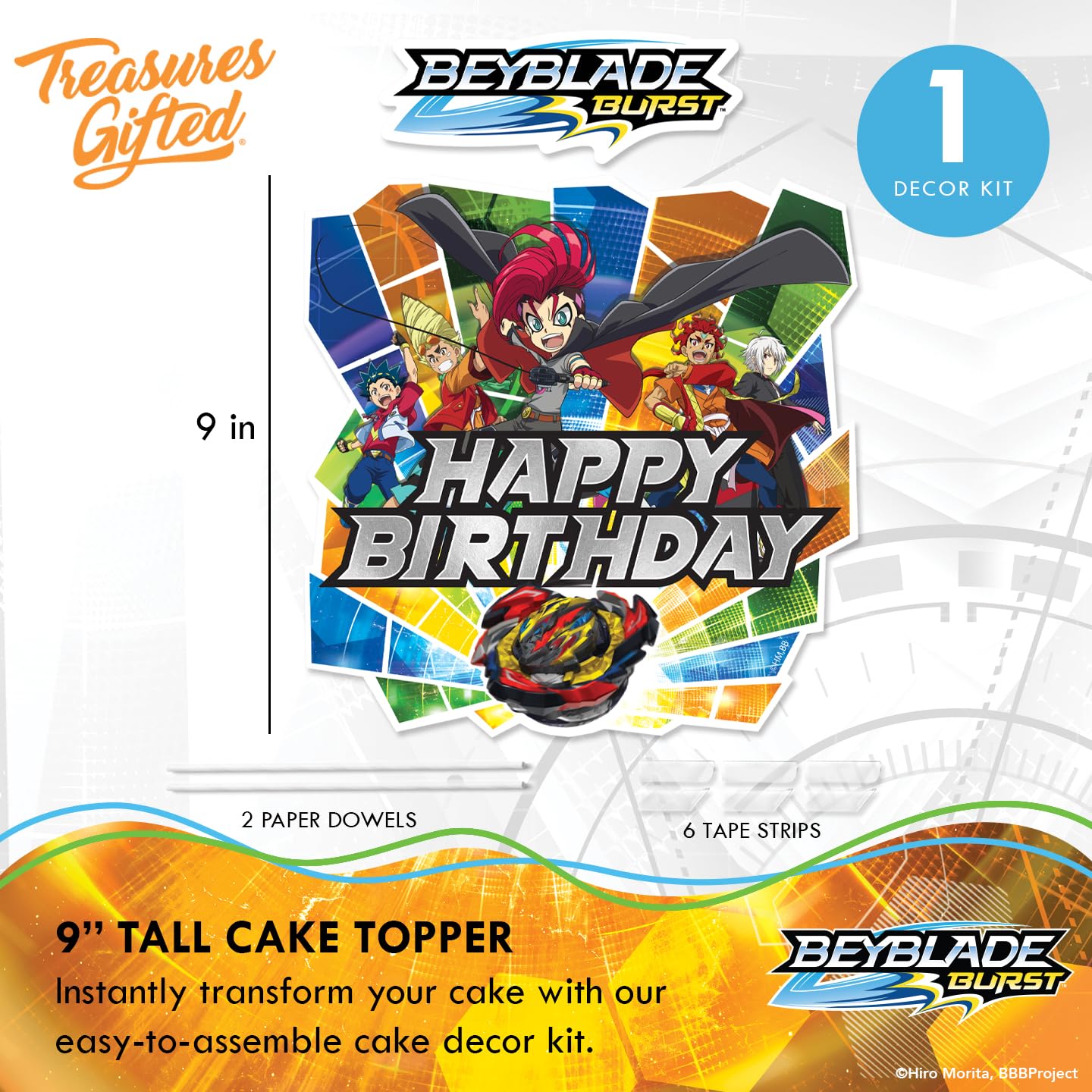 Treasures Gifted Officially Licensed BEYBLADE BURST Cake Topper Set - (1) BEYBLADE Cake Topper & (24) BEYBLADE Cupcake Topper & Wrappers - BEYBLADE