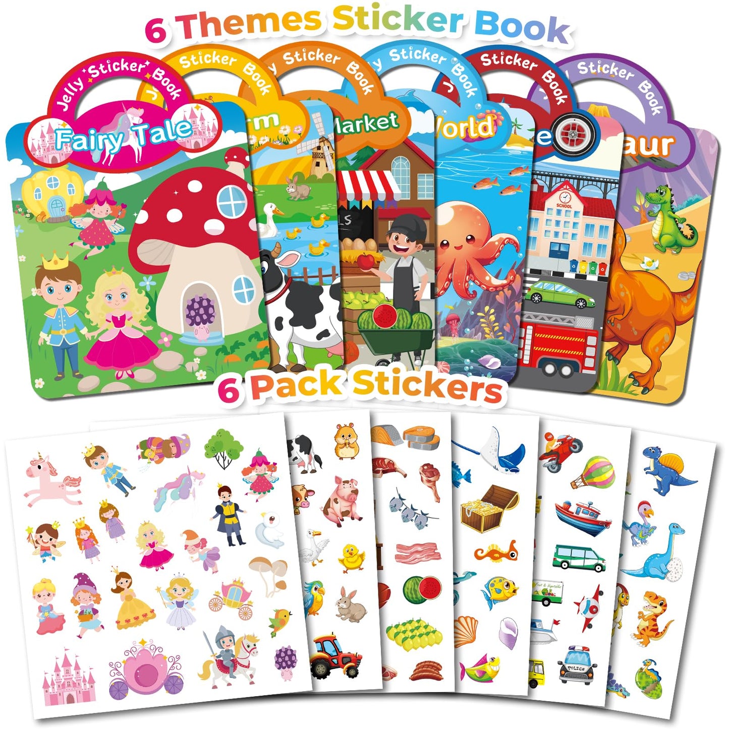 Kalysky 6Pack Reusable Sticker Books for Toddlers 1-3 2-4, Jelly Sticker Books for Kids, Cute Sticker Books for Toddlers 2-4 Years, Sticker Activity