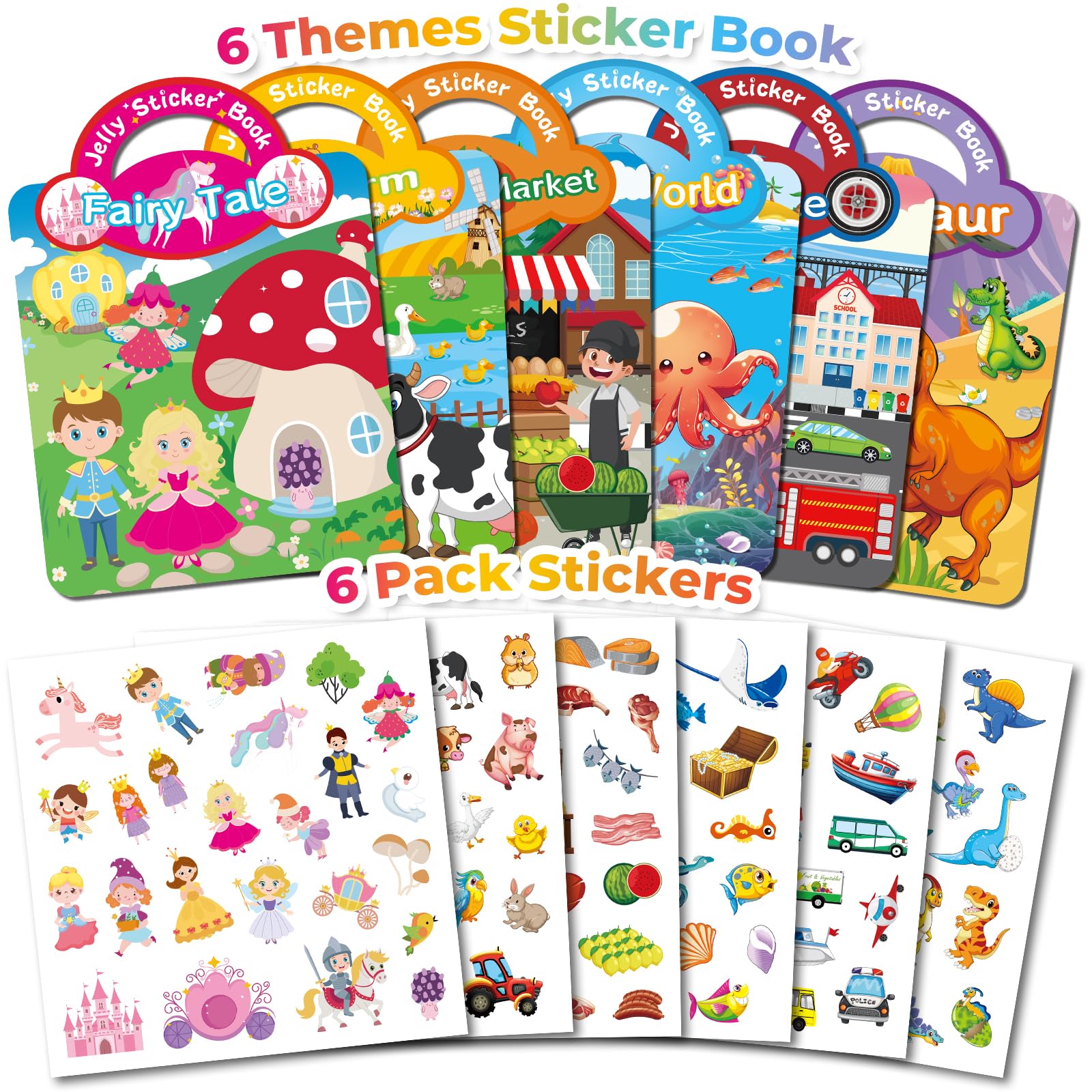 Kalysky 6Pack Reusable Sticker Books for Toddlers 1-3 2-4, Jelly Sticker Books for Kids, Cute Sticker Books for Toddlers 2-4 Years, Sticker Activity