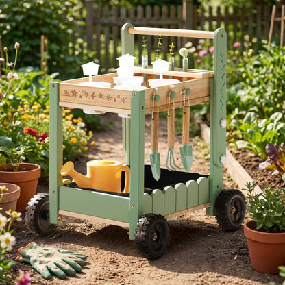 ROBOTIME Kids Gardening Tools with Cart Wheelbarrow - Wooden Outdoor Garden Toys Set with Watering Can, Shovel, Hand Rake & Plant Labels, Outdoor