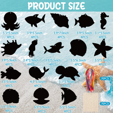 64 Pcs Sea World Theme Scratch Cards Rainbow Color Scratch Crafts Art Card Shell Dolphin Starfish Tortoise Scratch Card Art Kit with 70 pcs Wood