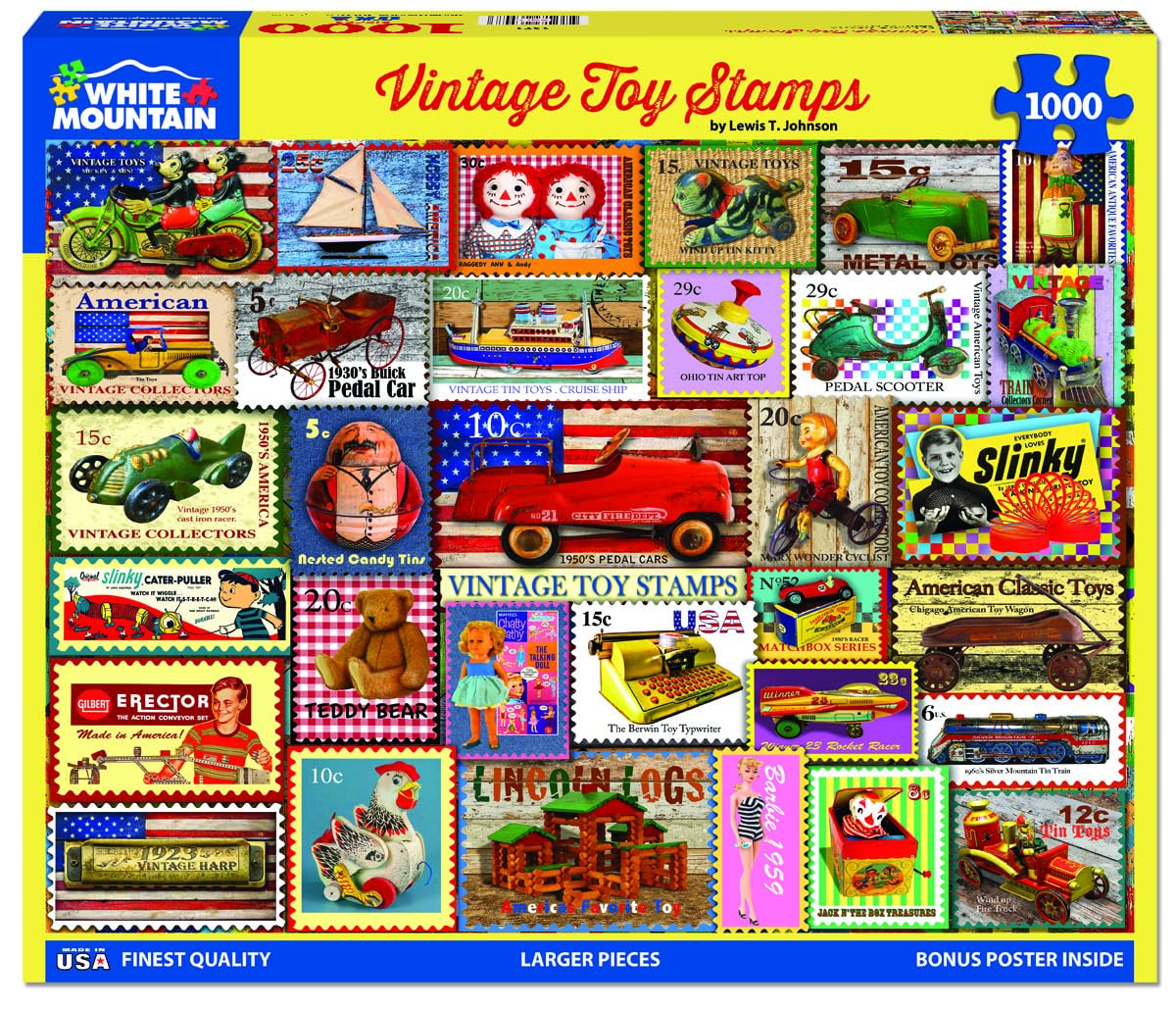 White Mountain 1000 Piece Jigsaw Puzzle, Vintage Toy Stamps