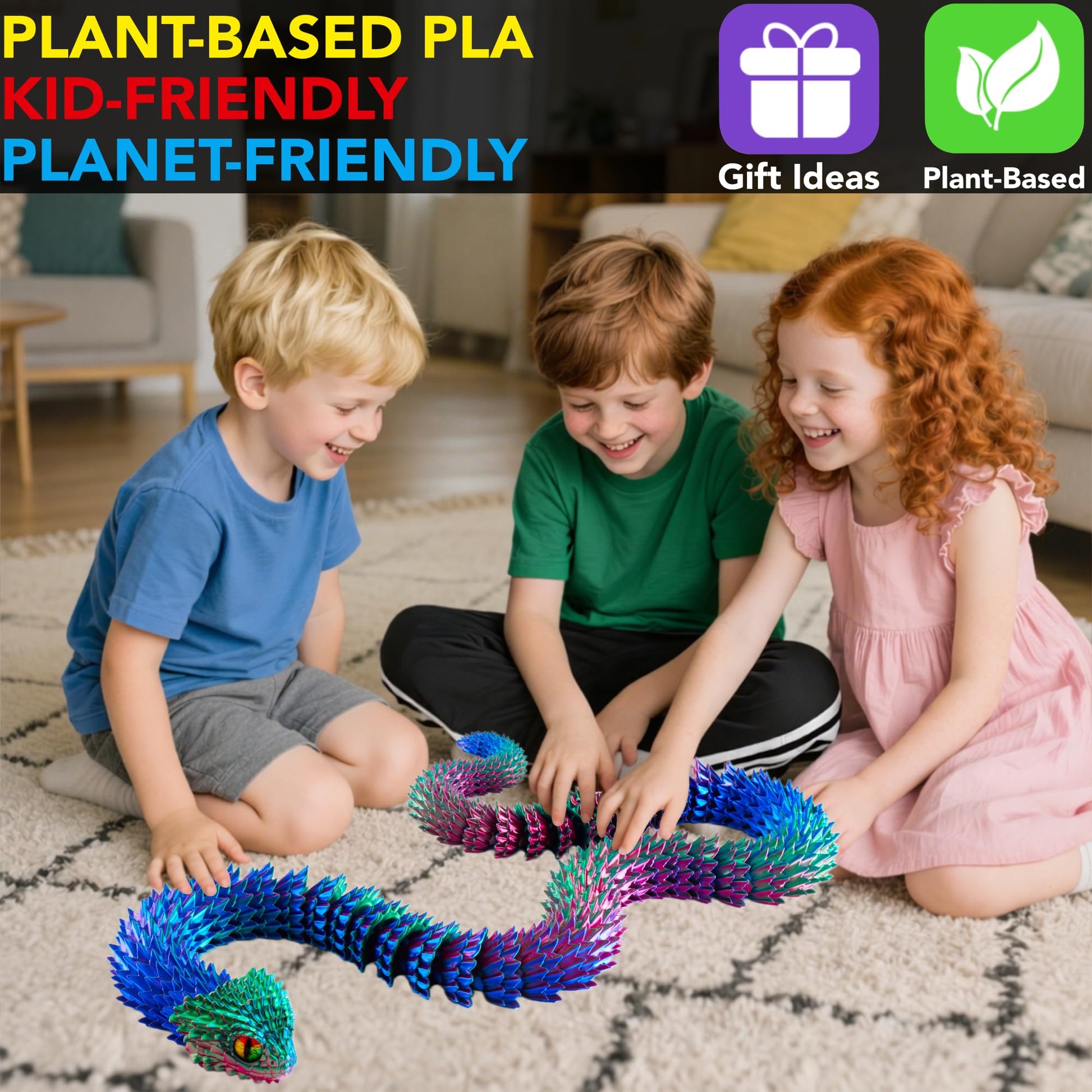 Maxdecoer 48.8" Articulated Snake Toy, 3D Printed Flexible Jointed Serpent, Openable Jaw & Movable Teeth, Color-Shift Desk Fidget, Reptile Decor