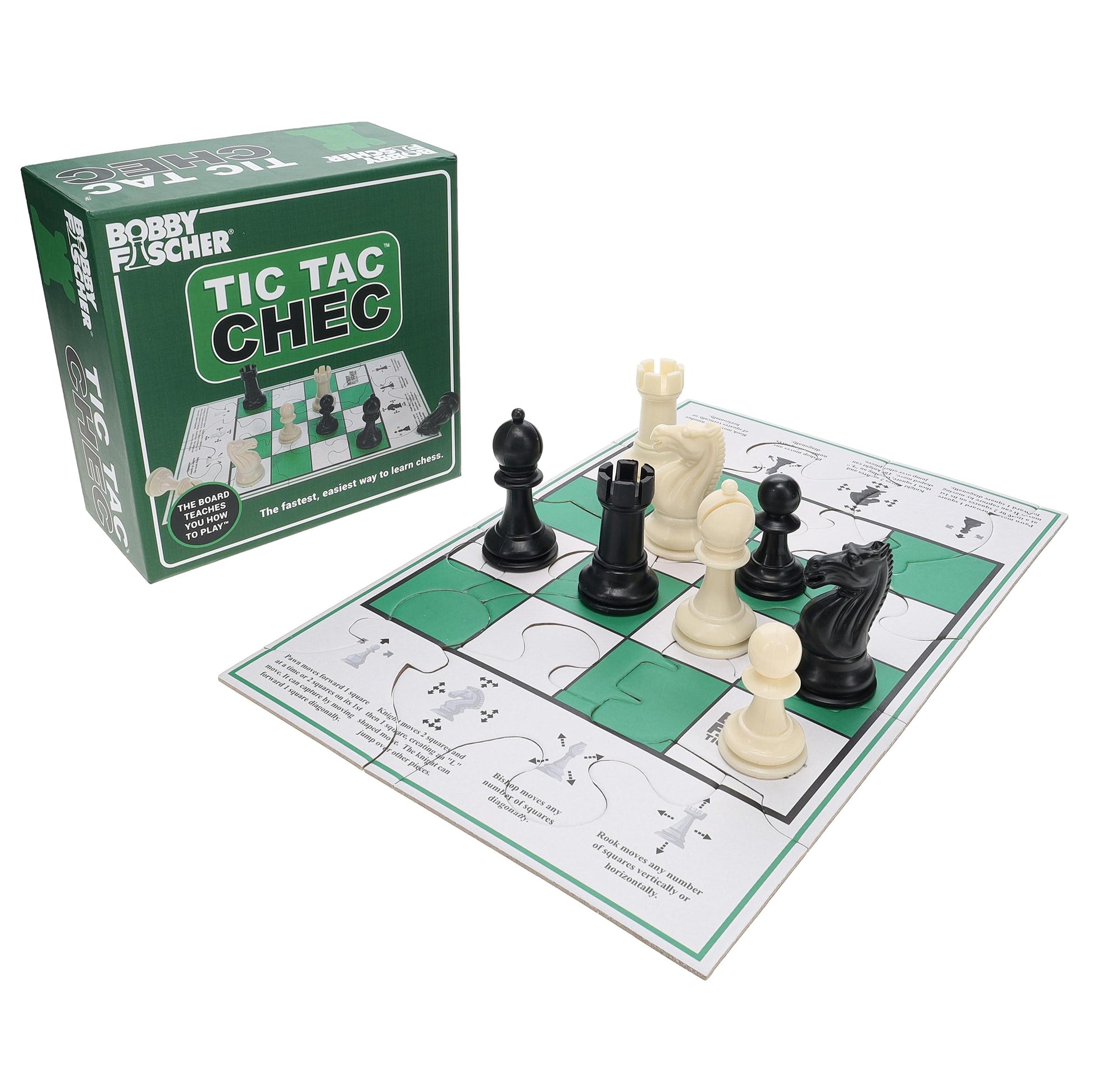 Bobby Fischer Tic Tac Chec, 2-Player Chess Strategy Game, Tic Tac Toe & Chess Combination Game, 4x4 Board with Illustrated Move Guide