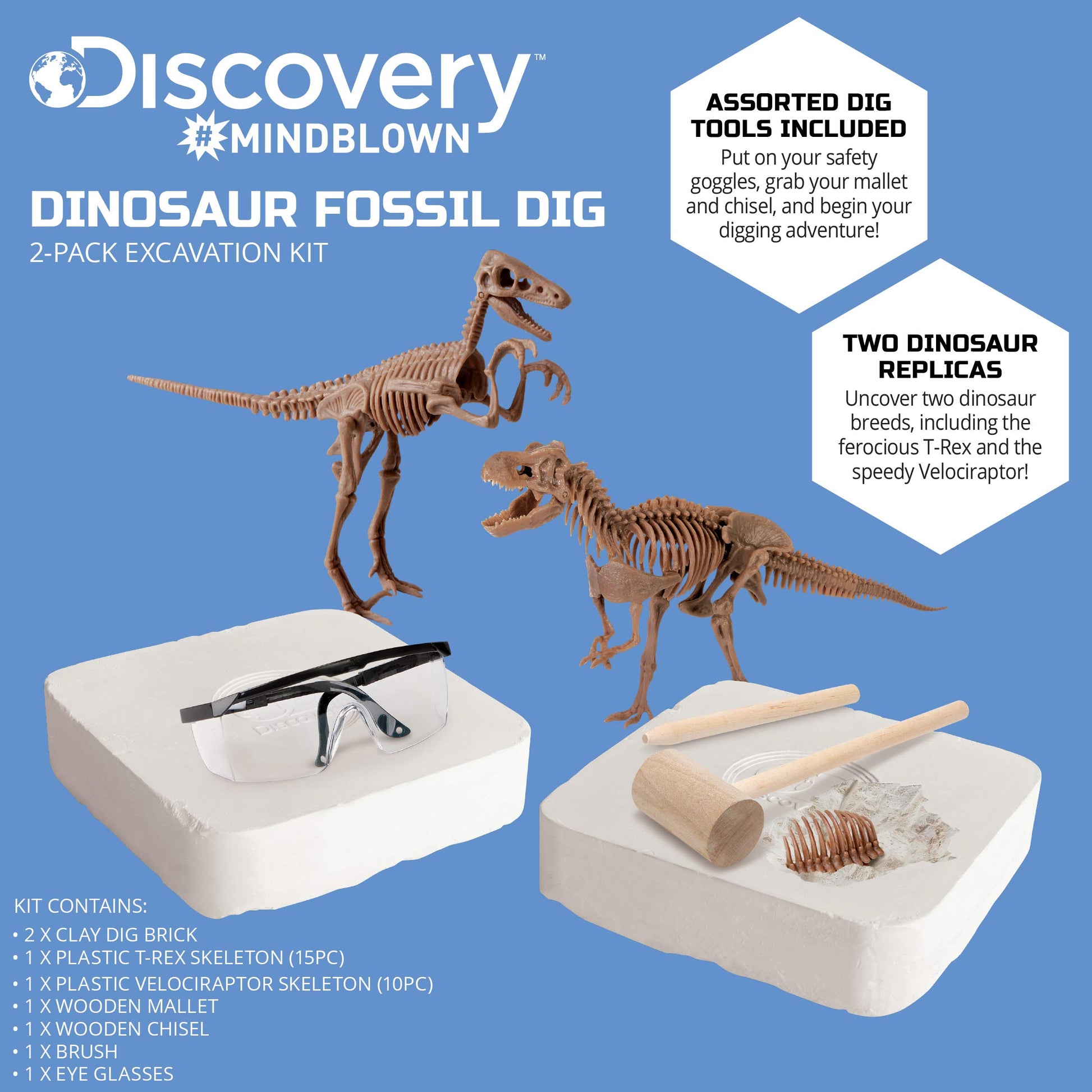Discovery™ Dinosaur Fossil Dig Kit - Excavate & Assemble T-Rex & Velociraptor Skeletons| 3D Dino Bones Puzzles| Jurassic Paleontology Toy for Kids|