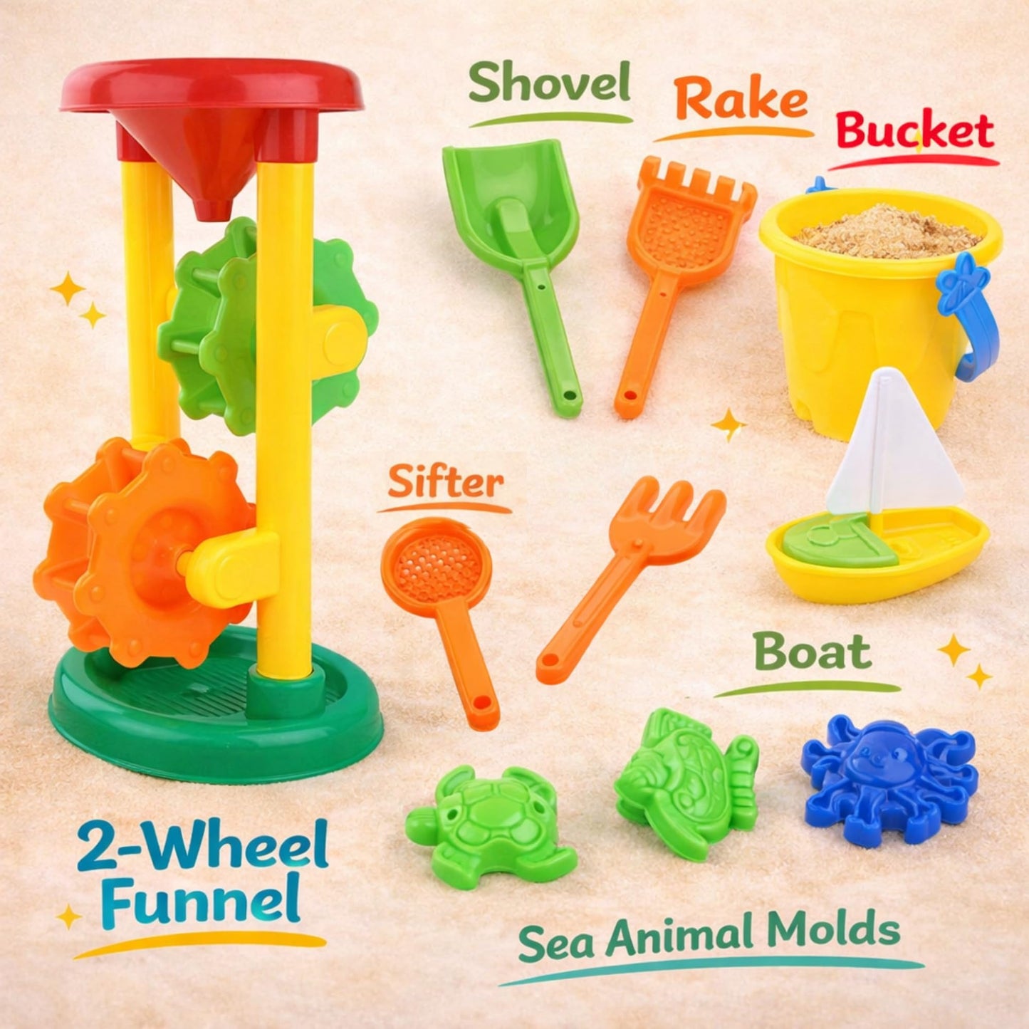Liberty Imports Double Sand & Water Wheel Tower Beach Toy Set w/Built-in Funnel, Sieve, Bucket, Shovel, Rake, Animal Molds for Kids, Toddlers Play