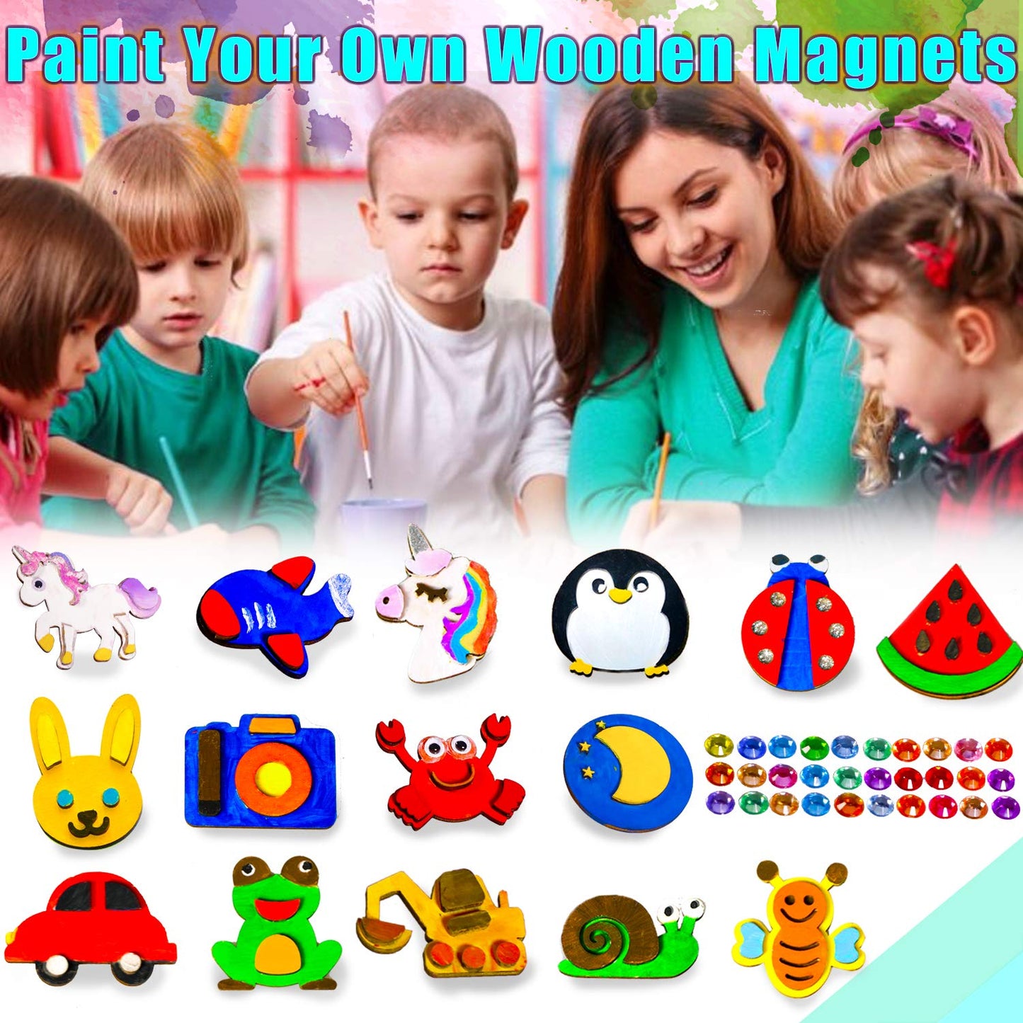 HeyKiddo Paint Your Own Wooden Magnet - Wood Painting Craft Kit for Kids Age 3 4 5 6+ Year Old,Art Painting Kit for Boys & Girls, DIY Birthday