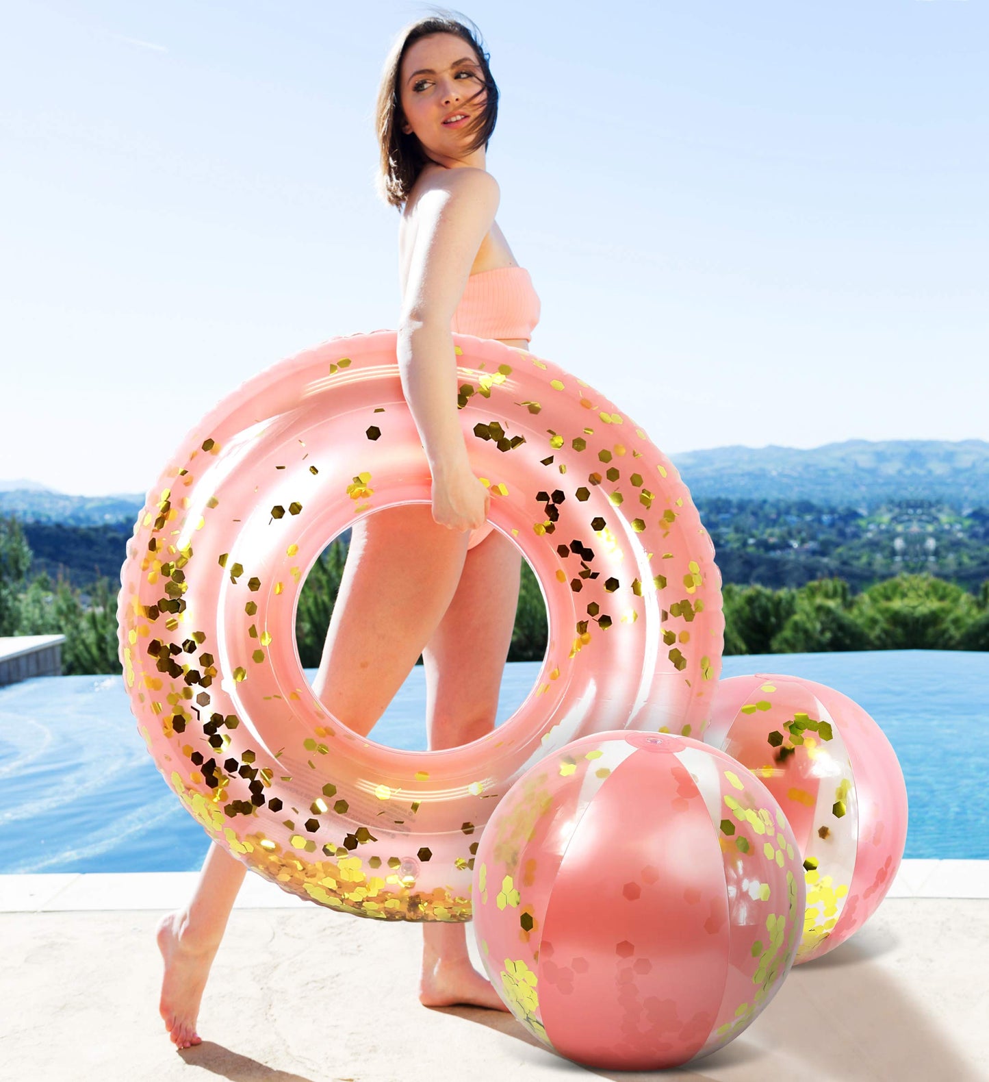 POZA Inflatable Beach Balls Rose Gold Set of 2 - Elegant Rose Gold Confetti Premium Floaters, Heavy Duty Vinyl Floatation Pool Toys for Pool Beach