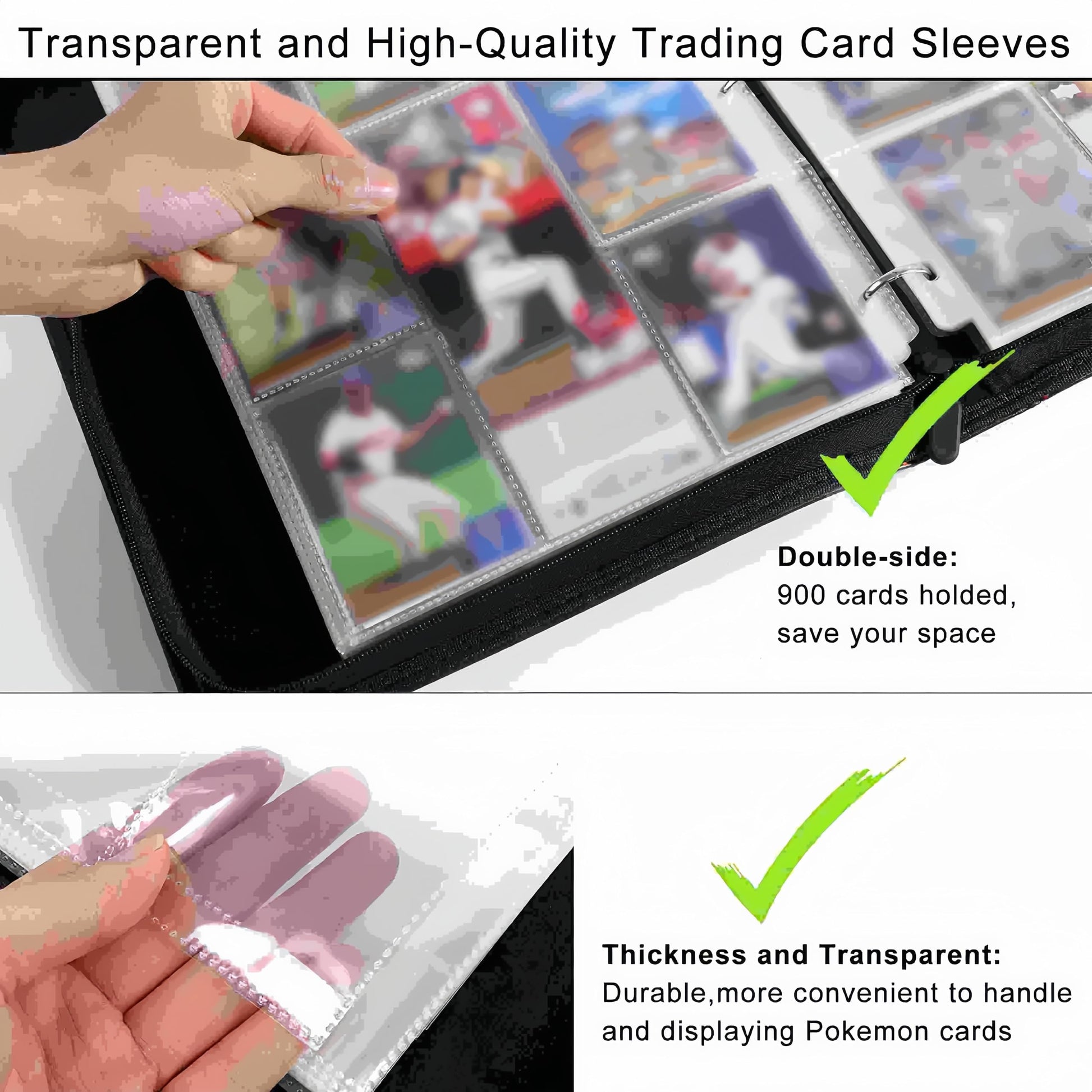 9-Pocket 3-Ring Trading Card Binder - Includes 50 Double-Sided Sleeves, Holds 900 Cards, Zippered Cute Card Holder for Boys & Girls Collectors