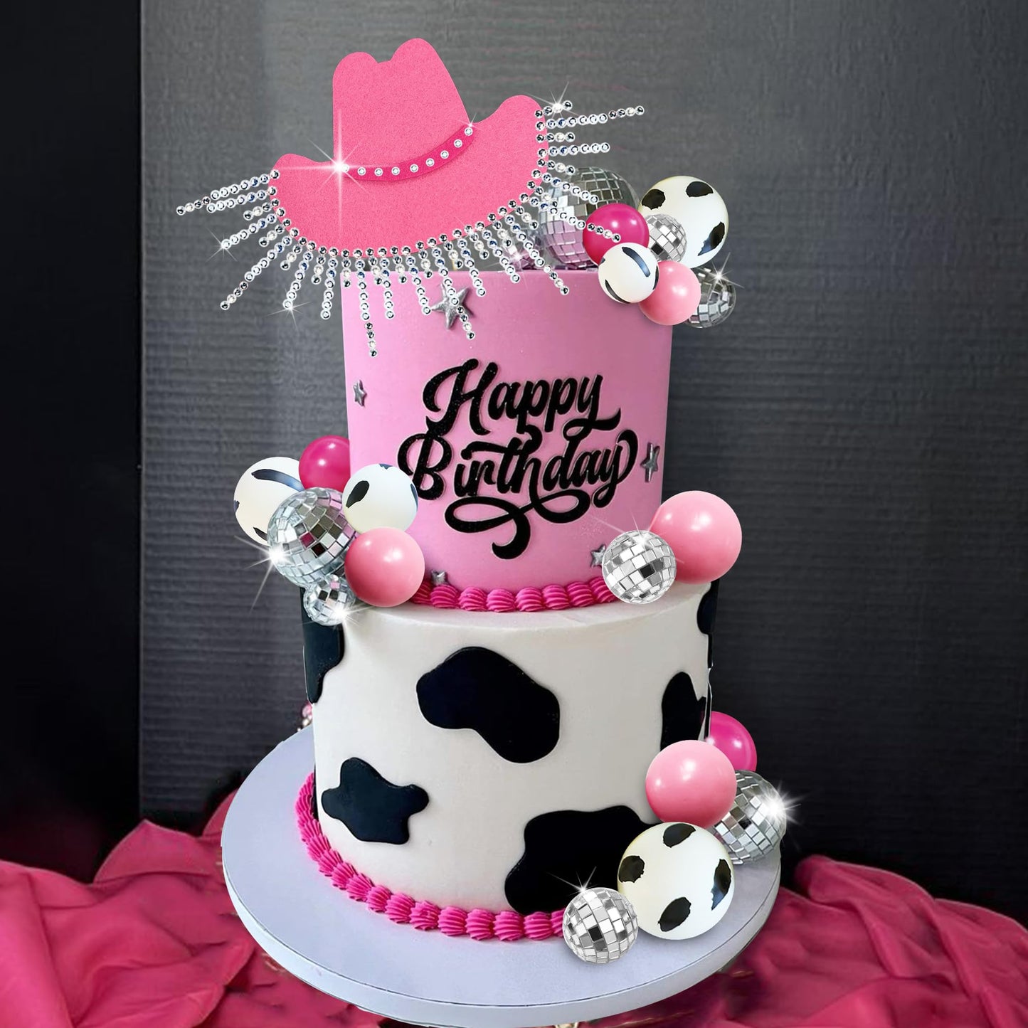 Cowgirl Cake Topper Hot Pink Cake Decoration Shiny Cowgirl Hat Disco Balls for Western Theme Cowgirl Birthday Supplies (01)