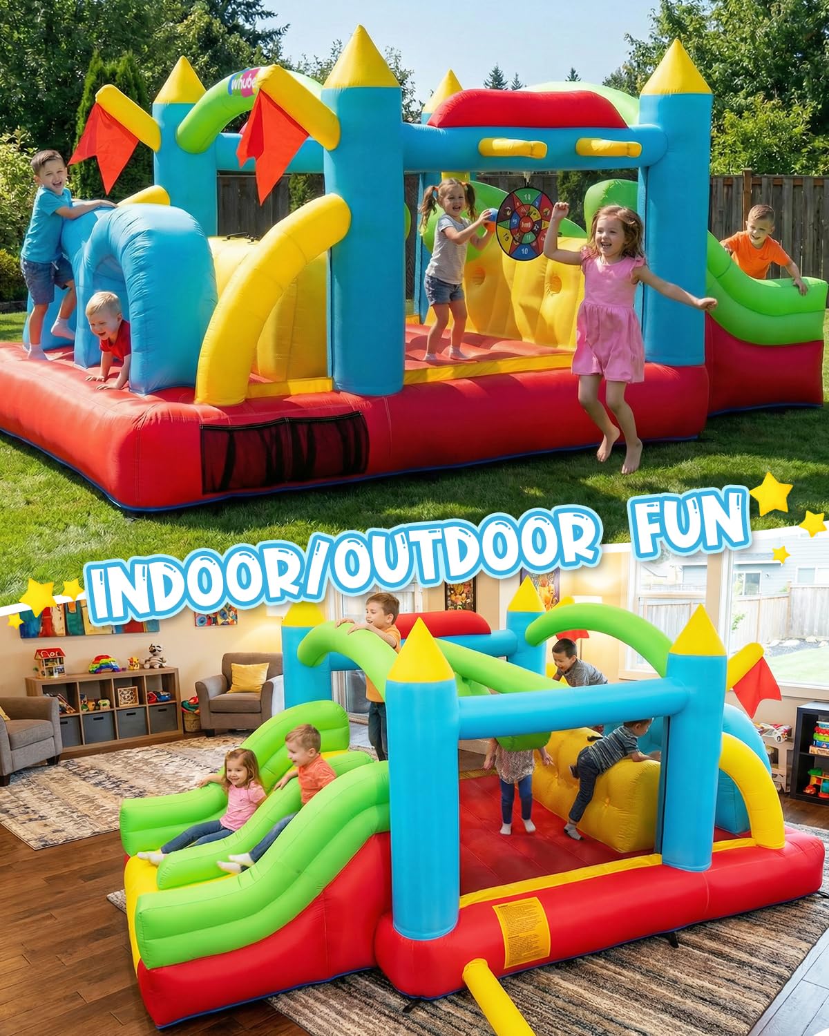 13-in-1 Bounce House Obstacle Course for Kids with Dual Slides, 550W Blower