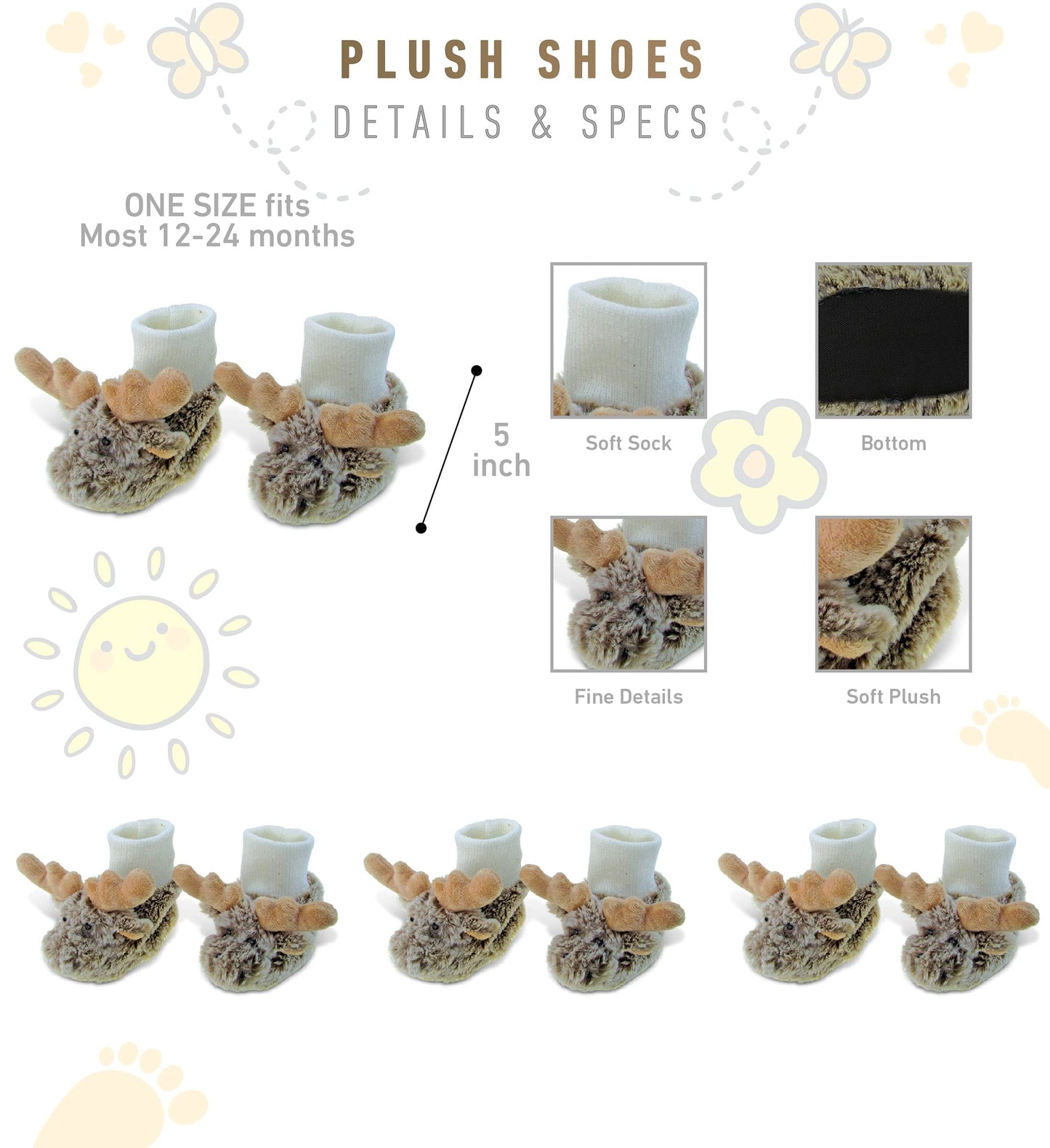 Puzzled DolliBu Brown Moose Soft Plush Baby Shoes - Soft & Fluffy Wild Life Fleece Unisex Footwear with Stuffed Animal Moose for Baby Boy or Girl