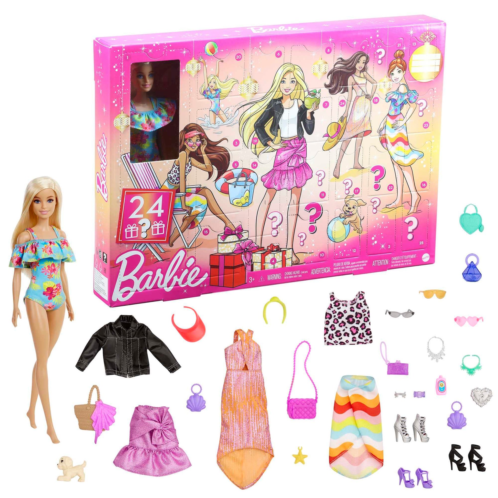Barbie Advent Calendar Doll (12-in), 24 Surprises Including Day-to-Night Trendy Clothing & Accessories, Festive Holiday Themed Packaging for Kids 3 to