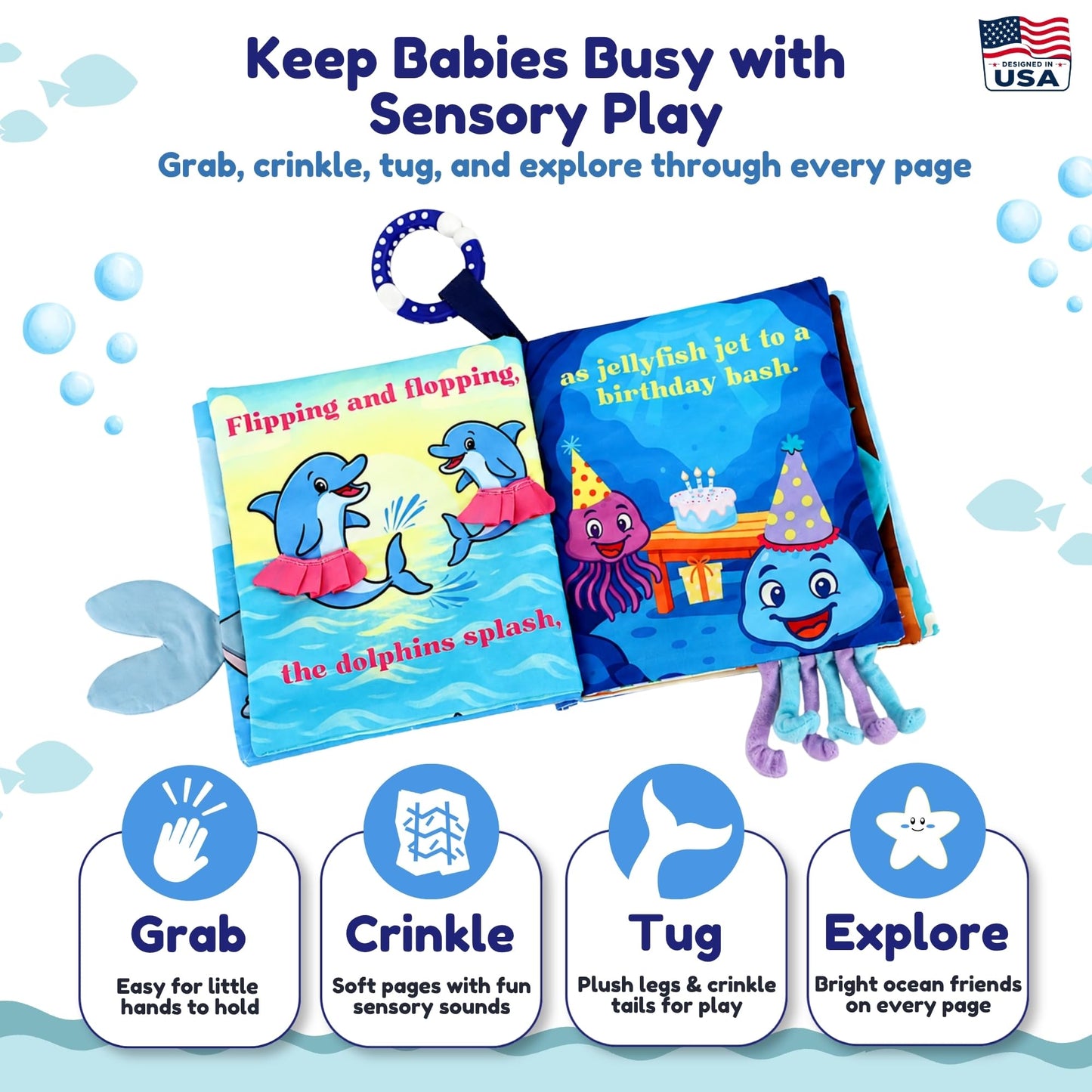 Soft Crinkle Cloth Book for Babies 0-18 Months - High Contrast Sensory Story Book with Teether, Mirror & Textures, Newborn Tummy Time Toy, Baby Shower