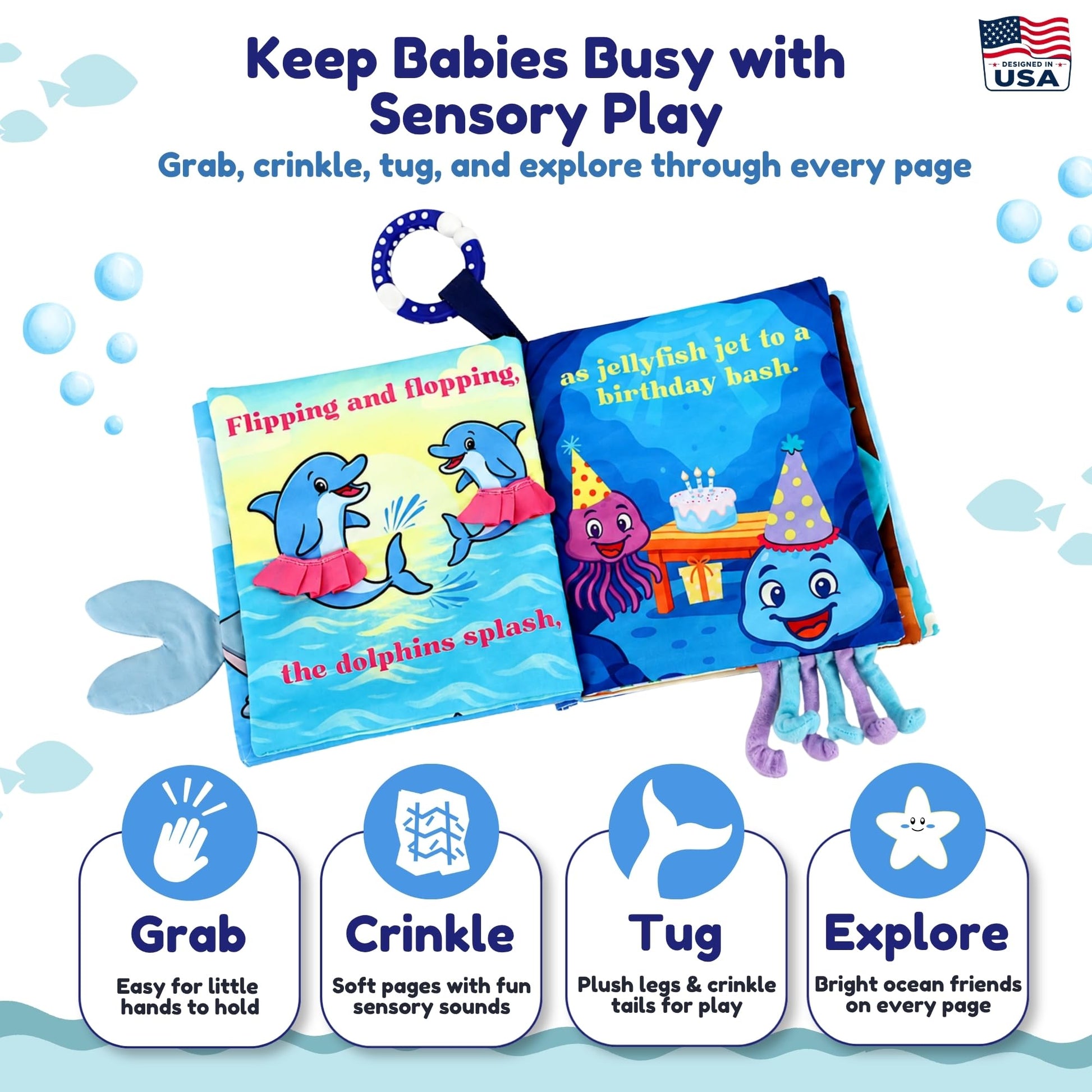 Soft Crinkle Cloth Book for Babies 0-18 Months - High Contrast Sensory Story Book with Teether, Mirror & Textures, Newborn Tummy Time Toy, Baby Shower