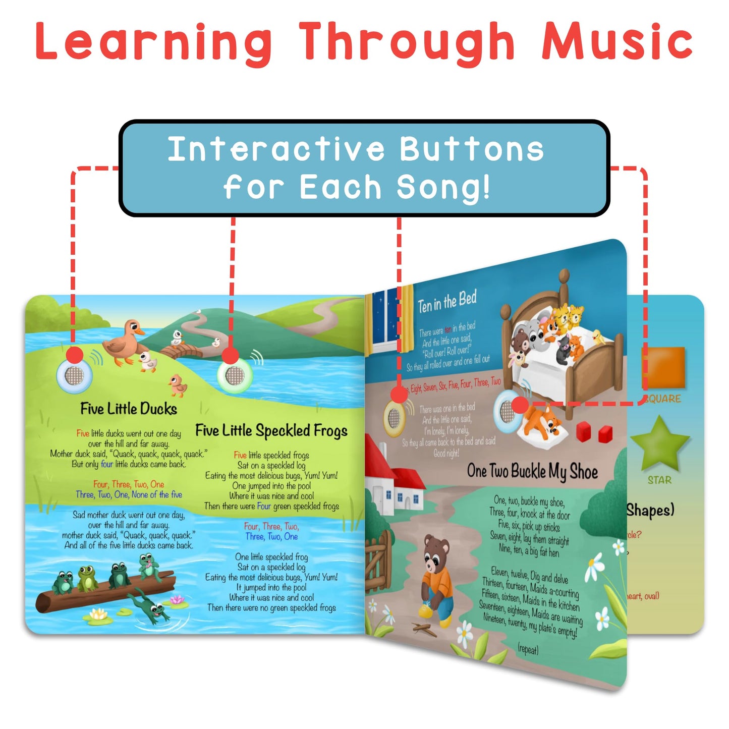 LEARNING BUGS Numbers, Colors & Shapes - 28 Favorite Counting Nursery Rhymes, Musical Books for Toddlers, 28-Button Music Book, Musical Toys
