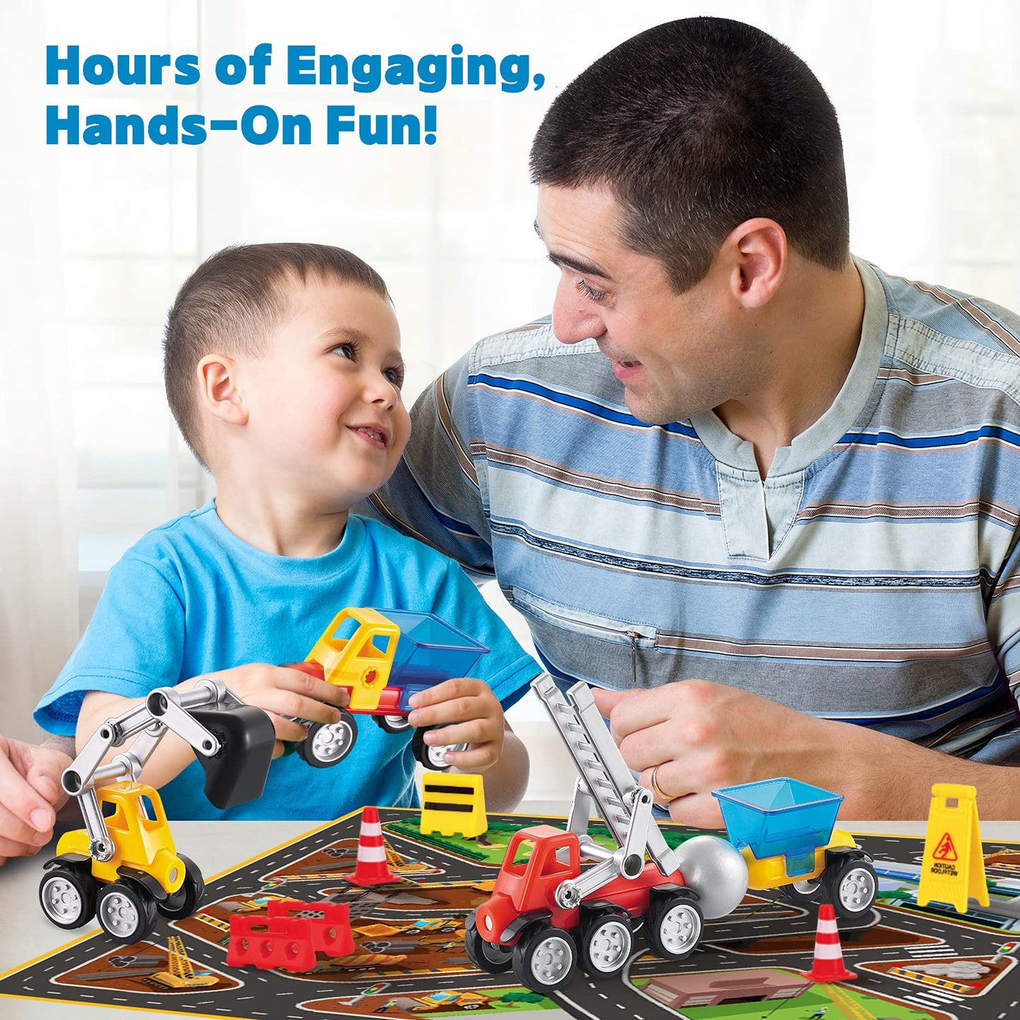 MOBIUS Toys Magnetic Vehicle Building Set - 72-Piece STEM Construction Kit with Play Mat & Road Signs - Magnetic Car & Truck Building Toys for Kids