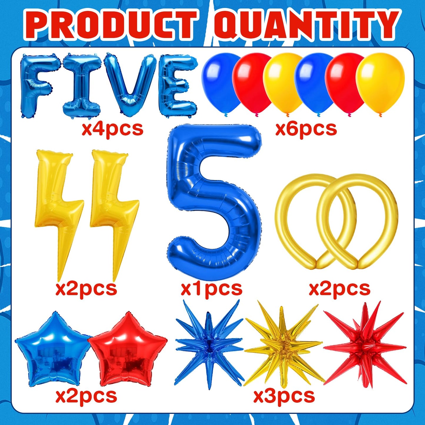 20pcs Cartoon Hedgehog Themed Party Decorations, Number 5 Red Blue Yellow Lightning Mylar Foil Birthday Balloons, 5th Boys Birthday Party Decorations