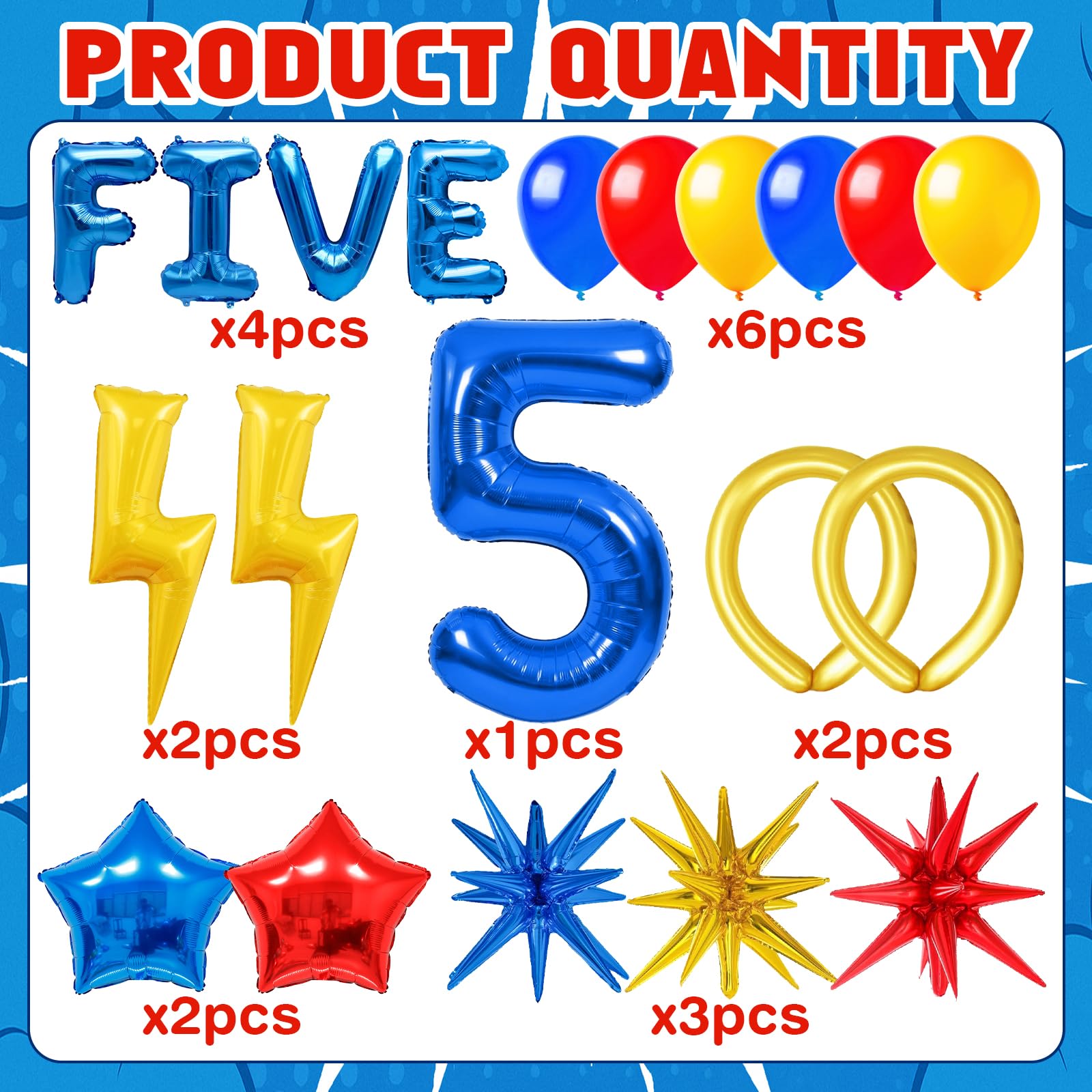 20pcs Cartoon Hedgehog Themed Party Decorations, Number 5 Red Blue Yellow Lightning Mylar Foil Birthday Balloons, 5th Boys Birthday Party Decorations