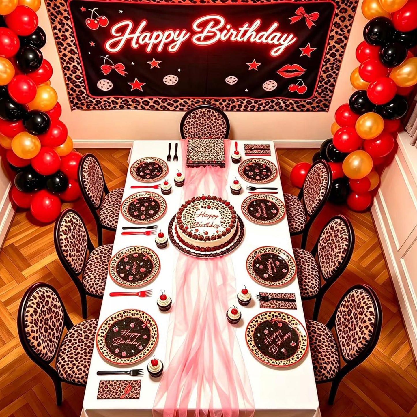192 Pcs Cheetah Print Tableware Set (Serves 48 Guests), Plates, Napkins, Forks, Red Black Cheetah Cherry Theme for Girls Women Birthday Wedding