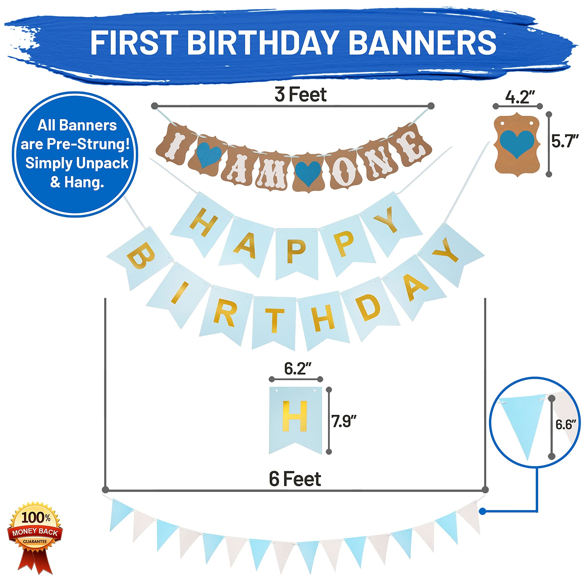 Baby Boy 1st Birthday Decorations With Birthday Crown - First Birthday Boy Decorations - Cake Smash Party Supplies - Happy Birthday and HighChair One