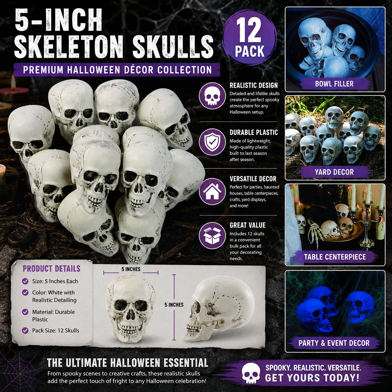 Fun Express White Plastic Realistic Skeleton Skulls 5 Inch for Halloween Party, Bar and Table Decorations, 12 Pack