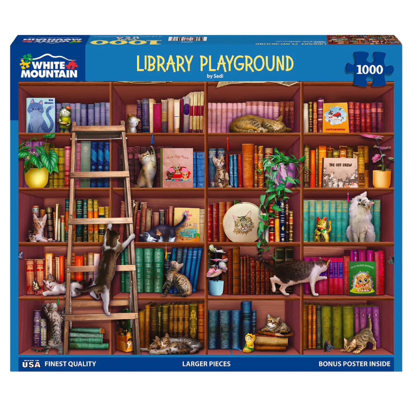 White Mountain 1000 Piece Jigsaw Puzzle Fun Cat Books, Library Playground