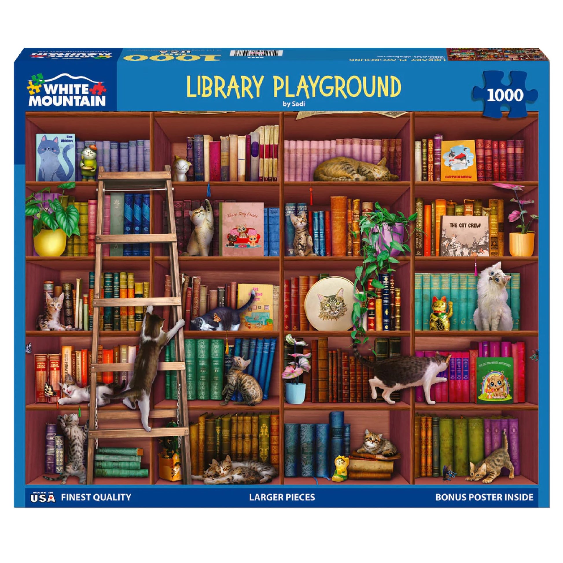 White Mountain 1000 Piece Jigsaw Puzzle Fun Cat Books, Library Playground