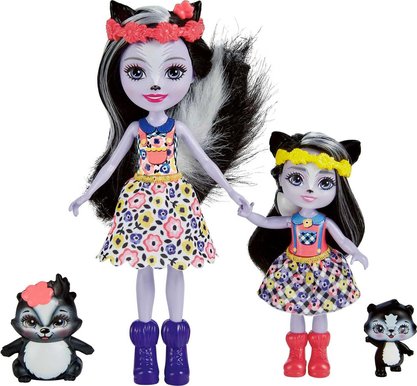 Mattel Enchantimals Family Set with 2 Sister Small Dolls & 2 Animal Figures, Sage (6-inch) & Sabella (4-inch) Skunk Dolls in Removable Skirts &